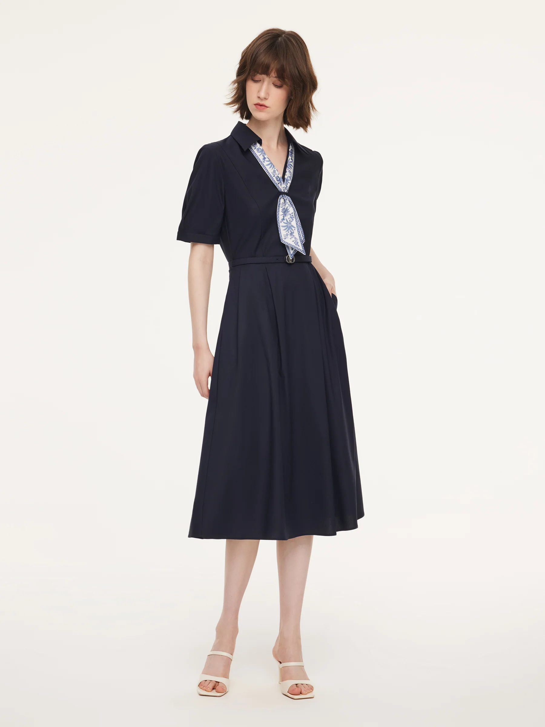 Linen Blend V-Neck Women Midi Dress With Silk Scarf And Belt - Image 2