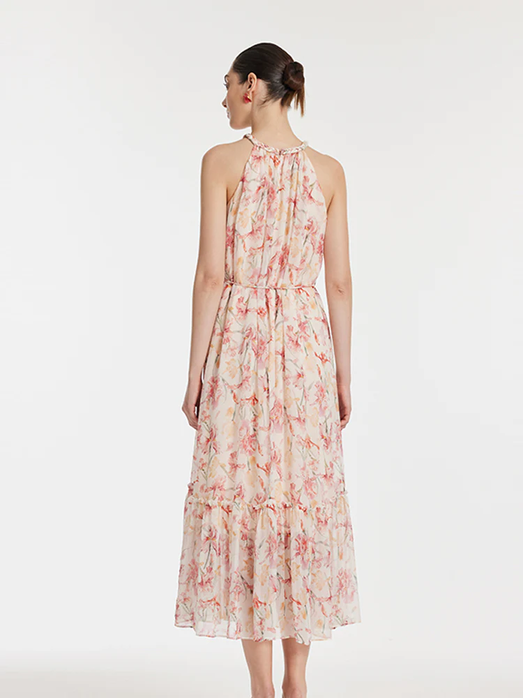 10 Momme Mulberry Silk Iris Print Halter Ruffle Women Maxi Dress - Image 10