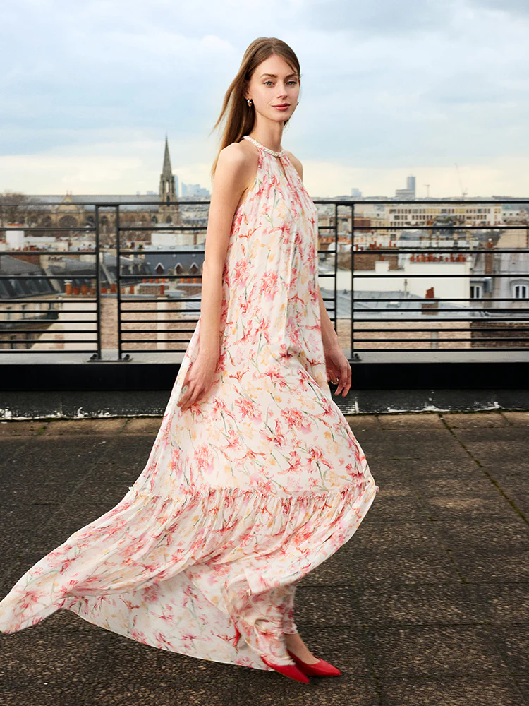10 Momme Mulberry Silk Iris Print Halter Ruffle Women Maxi Dress - Image 4