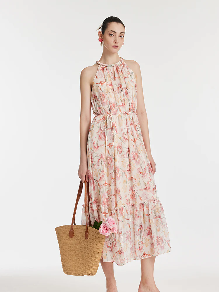 10 Momme Mulberry Silk Iris Print Halter Ruffle Women Maxi Dress - Image 5