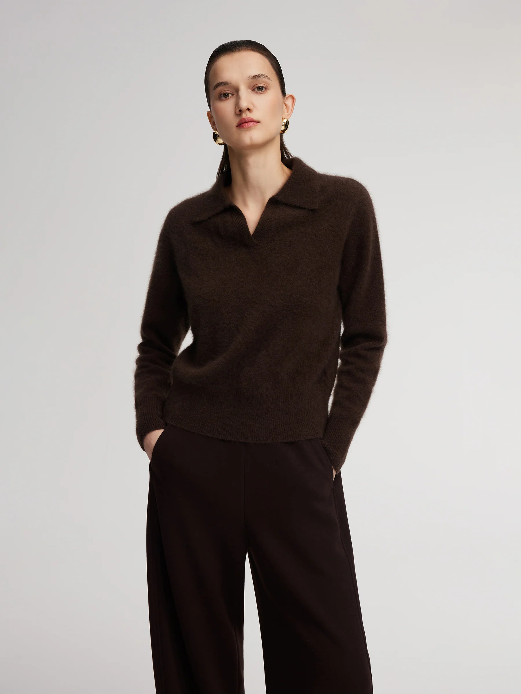 100% Brushed Wool Johnny-Collar Women Sweater