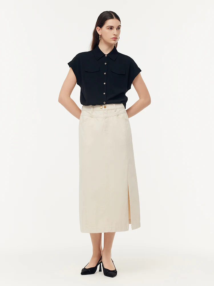 100% Cotton Denim Adjustable Waist Women Slit Skirt - Image 2