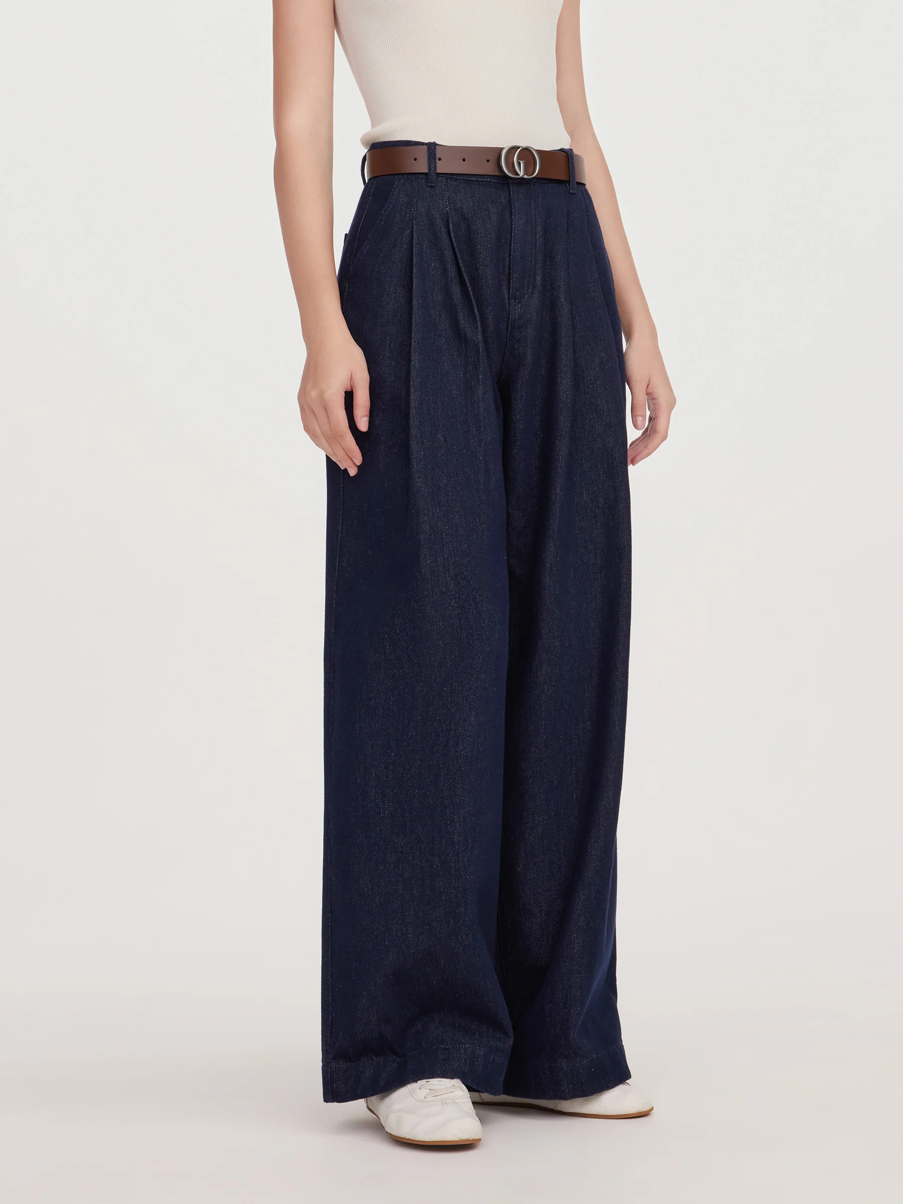 100% Cotton Denim Wide Leg Women Jeans With GO Letter Belt - Image 5