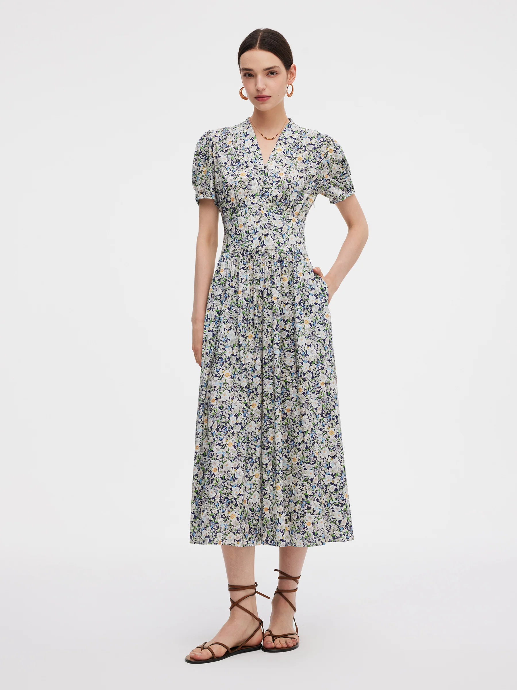 100% Cotton Floral Print V-Neck Women Maxi Dress - Image 2
