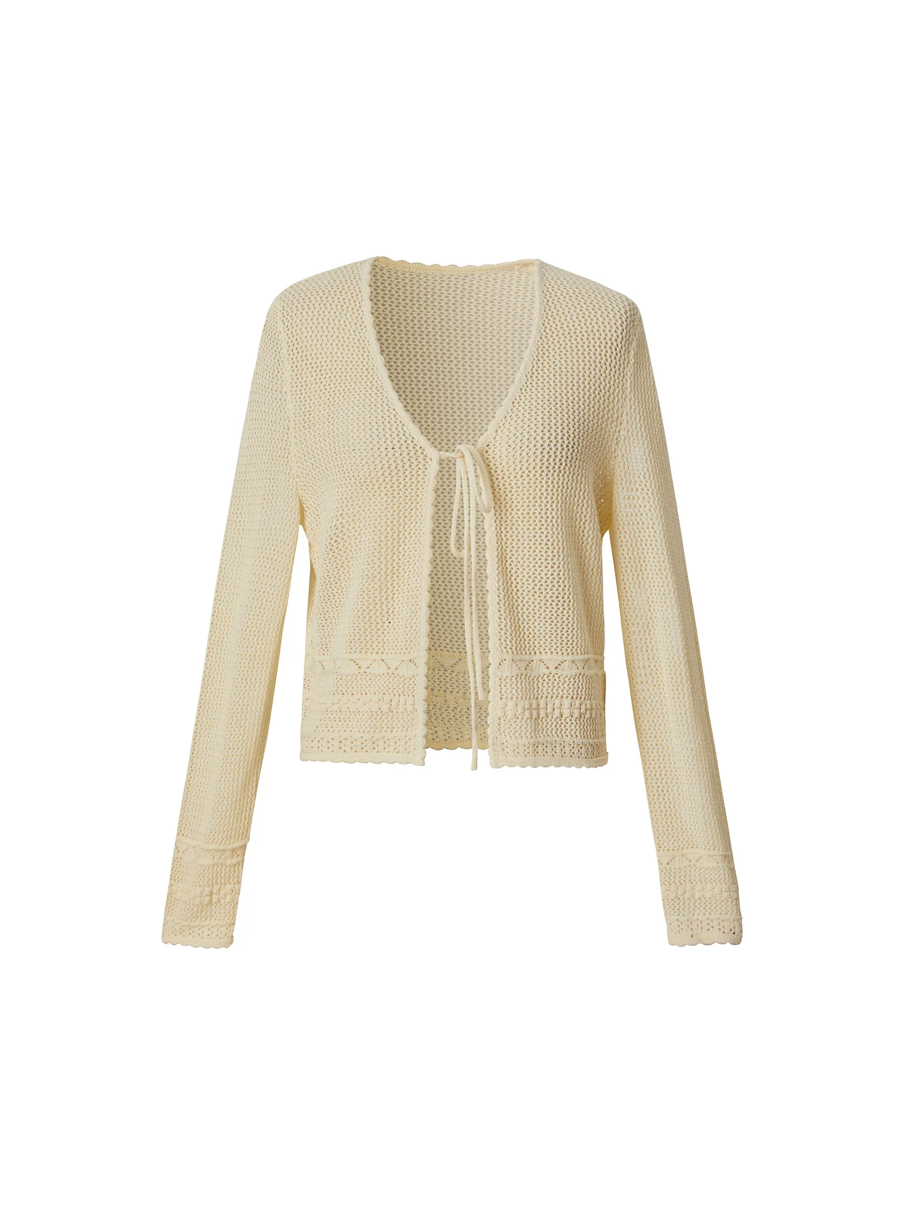 100% Cotton Openwork Tie Front Women Cardigan - Image 6