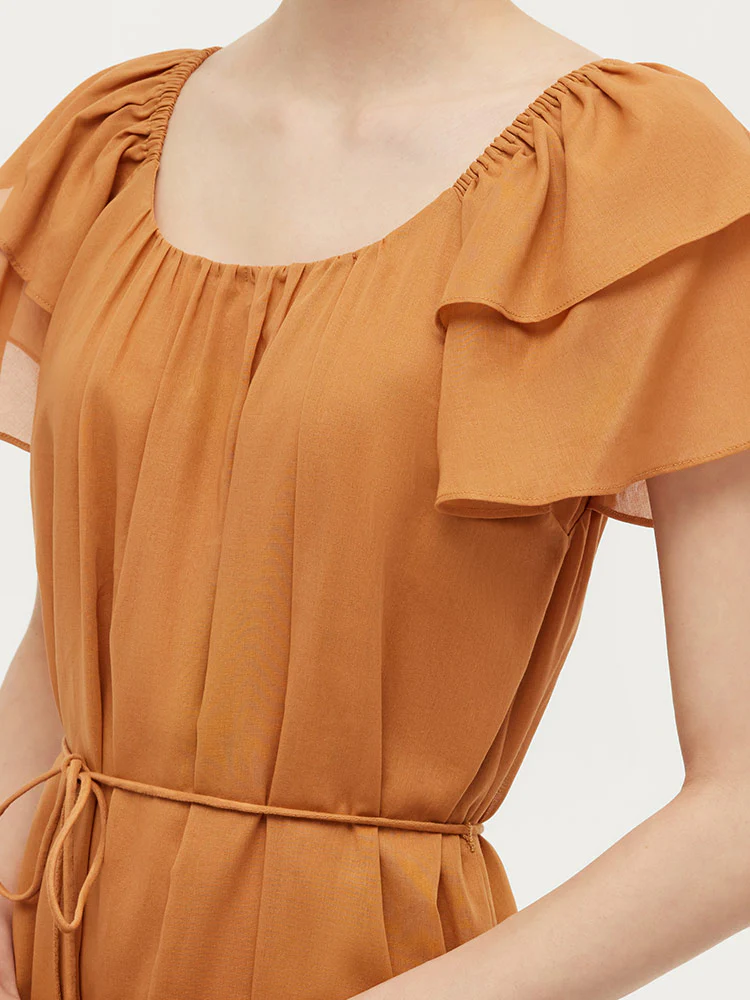 100% Cotton Ruffle Sleeve Women Midi Dress With Belt - Image 6