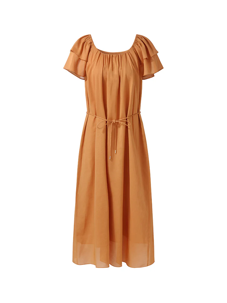 100% Cotton Ruffle Sleeve Women Midi Dress With Belt - Image 7