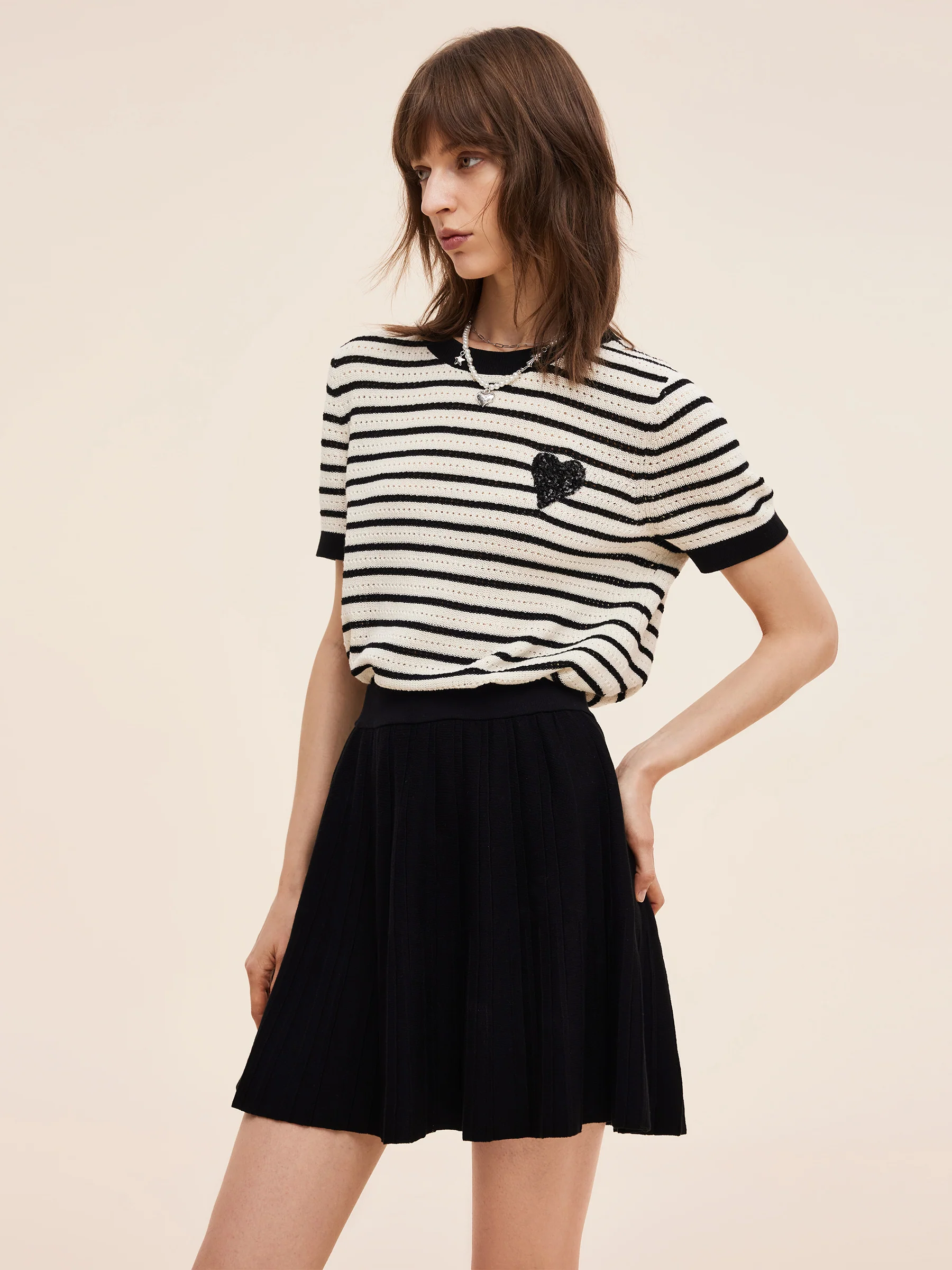 100% Cotton Stripe Women Openwork Knit T-Shirt - Image 5