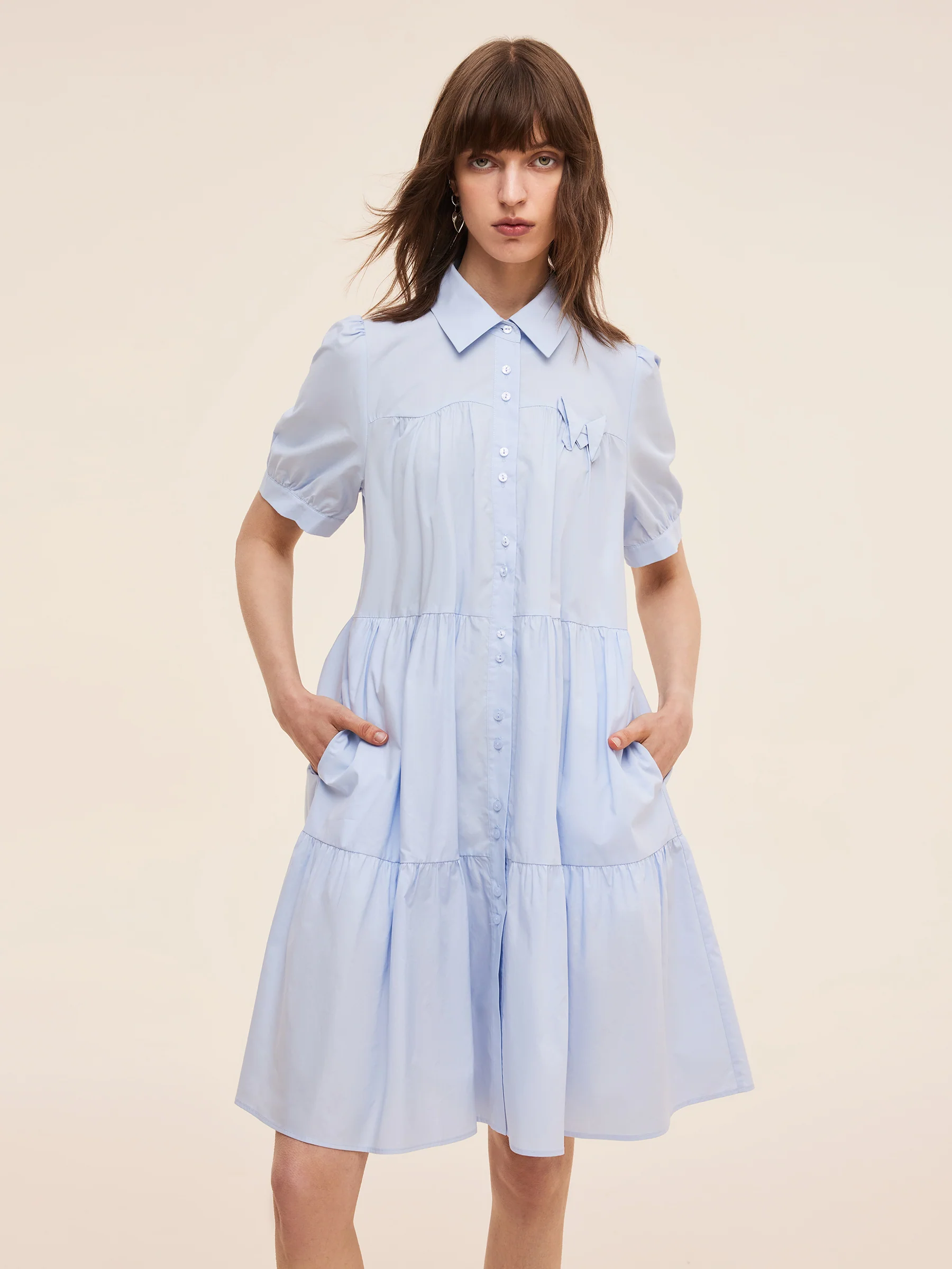 100% Cotton Women Puff Sleeve Mini Dress With Ribbon - Image 5