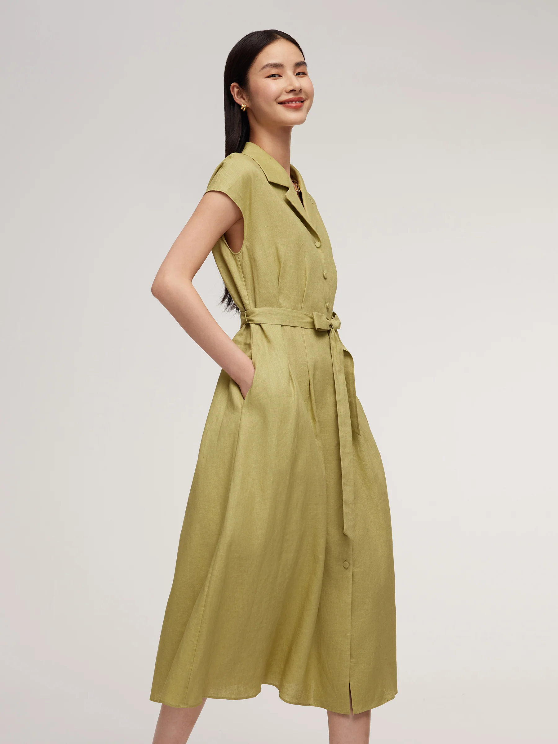 100% Linen Gathered Waist Women Self-Tie Belt Maxi Dress - Image 4