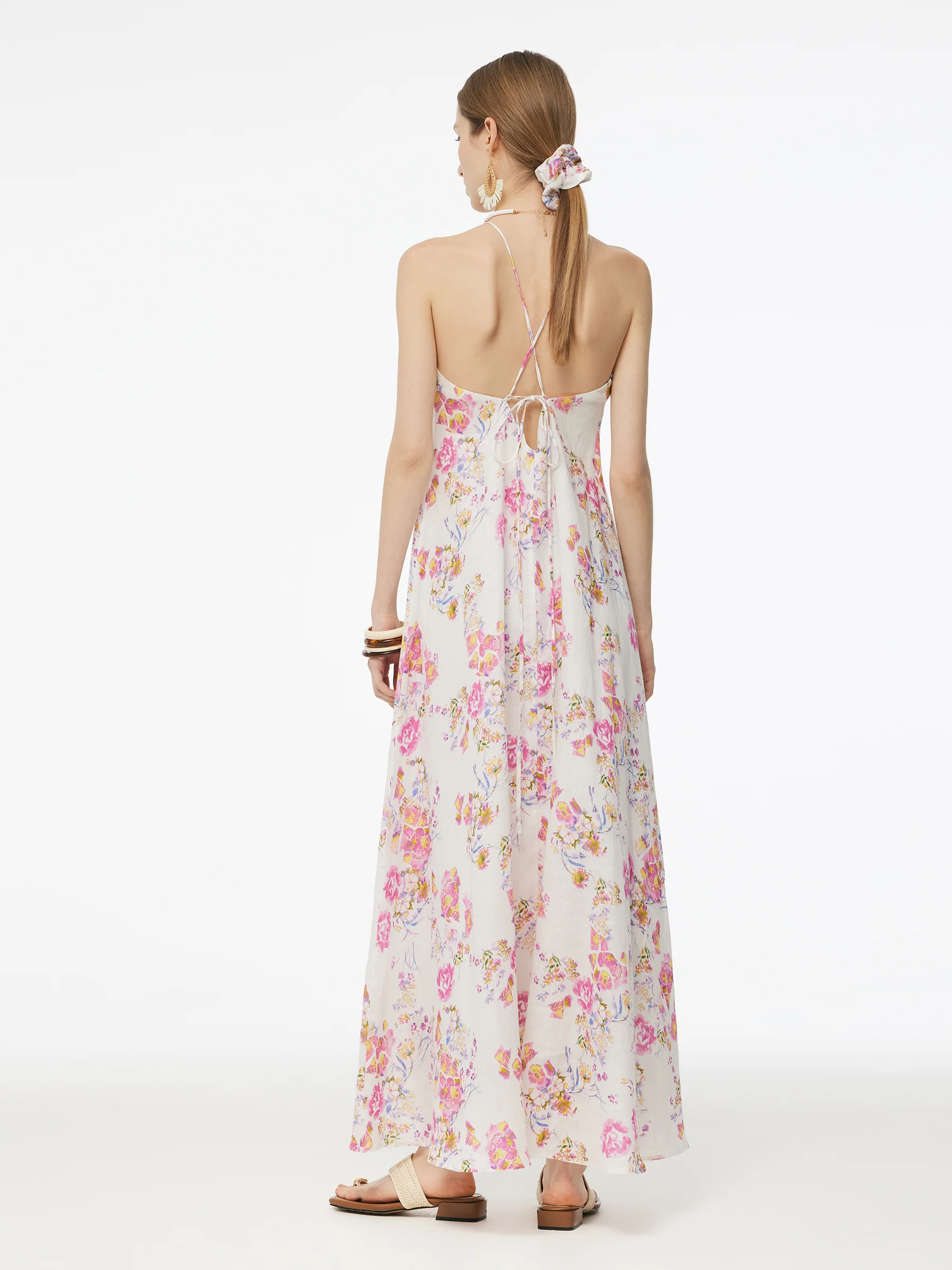 100% Linen Rose Print Women Halterneck Slip Maxi Dress - Image 3