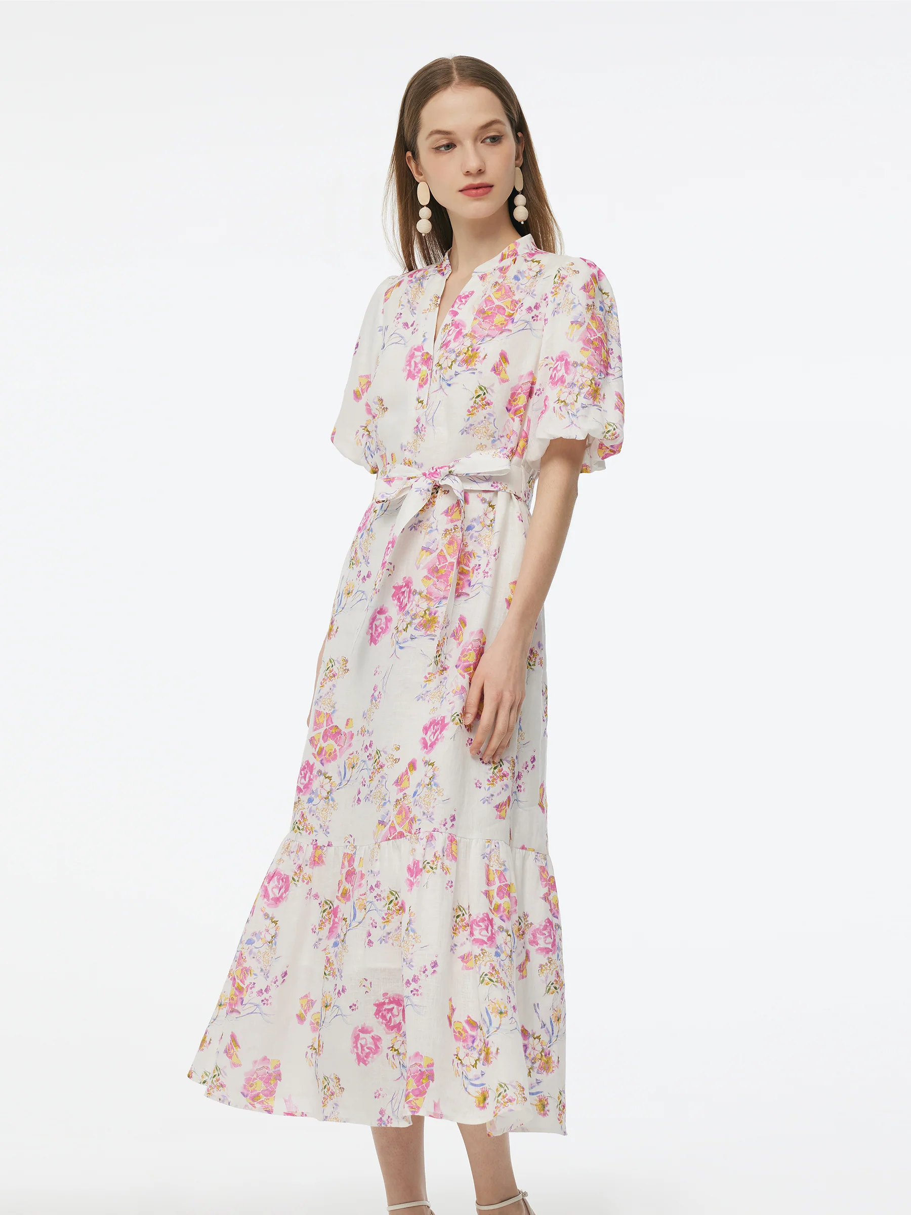 100% Linen Rose Print Women Maxi Dress With Belt - Image 4
