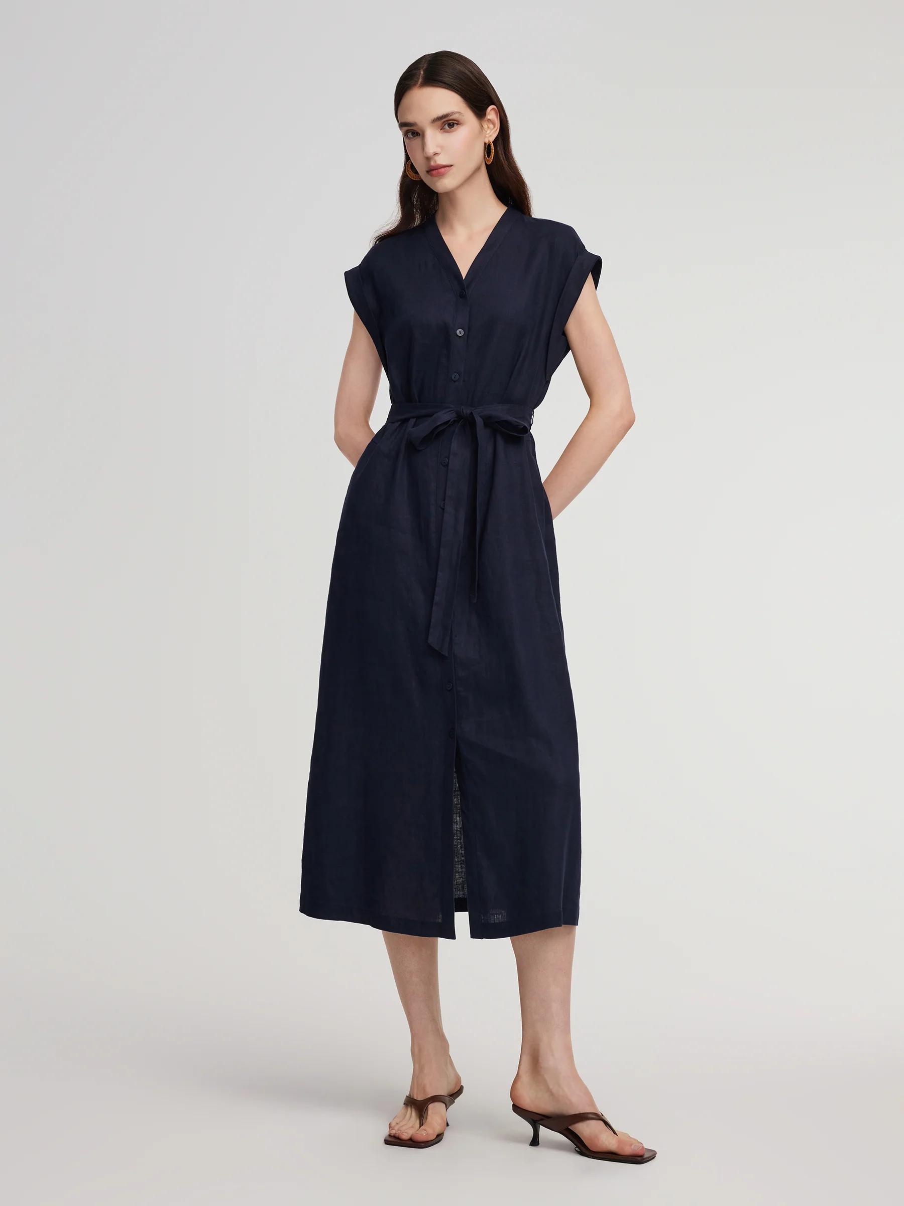 100% Linen V-Neck Women Self-Tie Belt Maxi Dress With Skirt Lining - Image 2