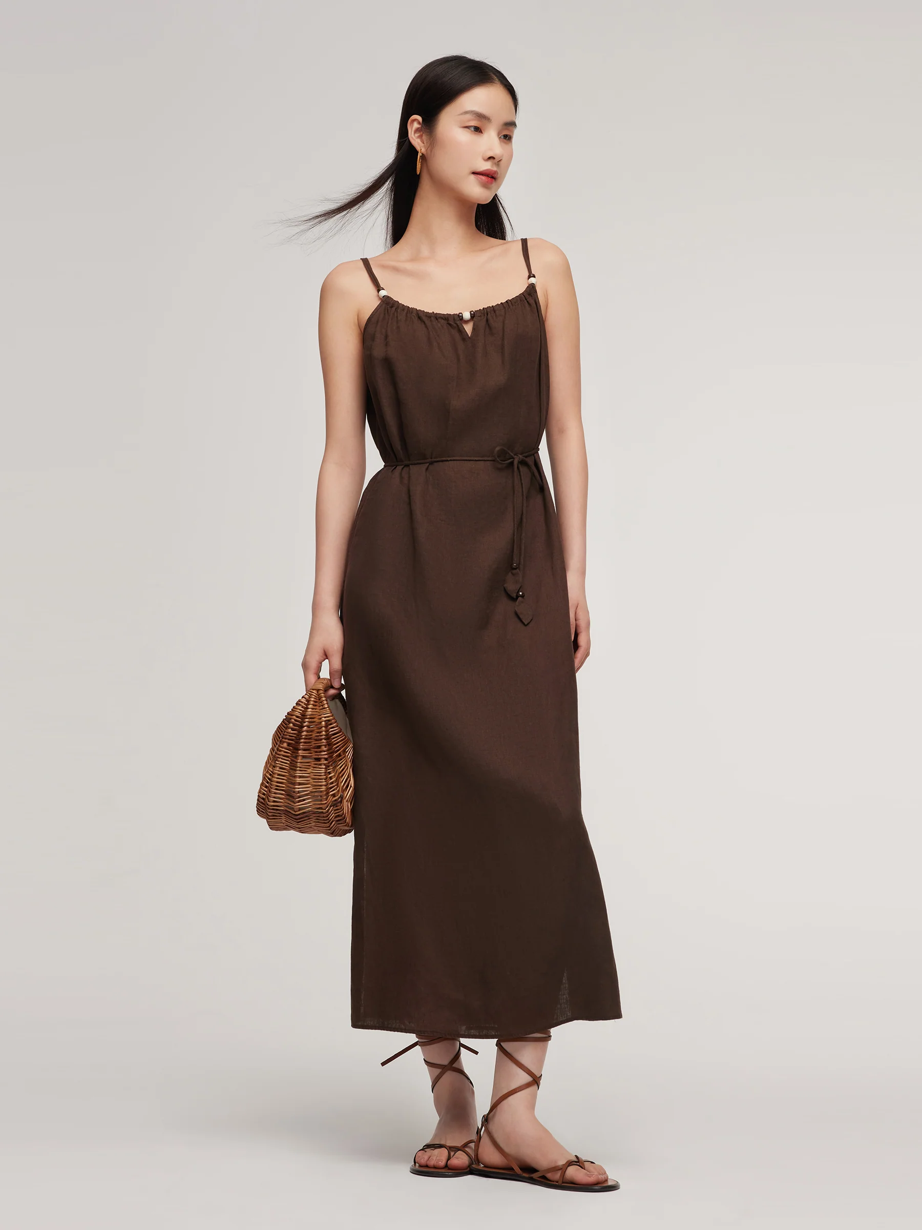 100% Linen Women Strap Maxi Dress With Tie String Belt