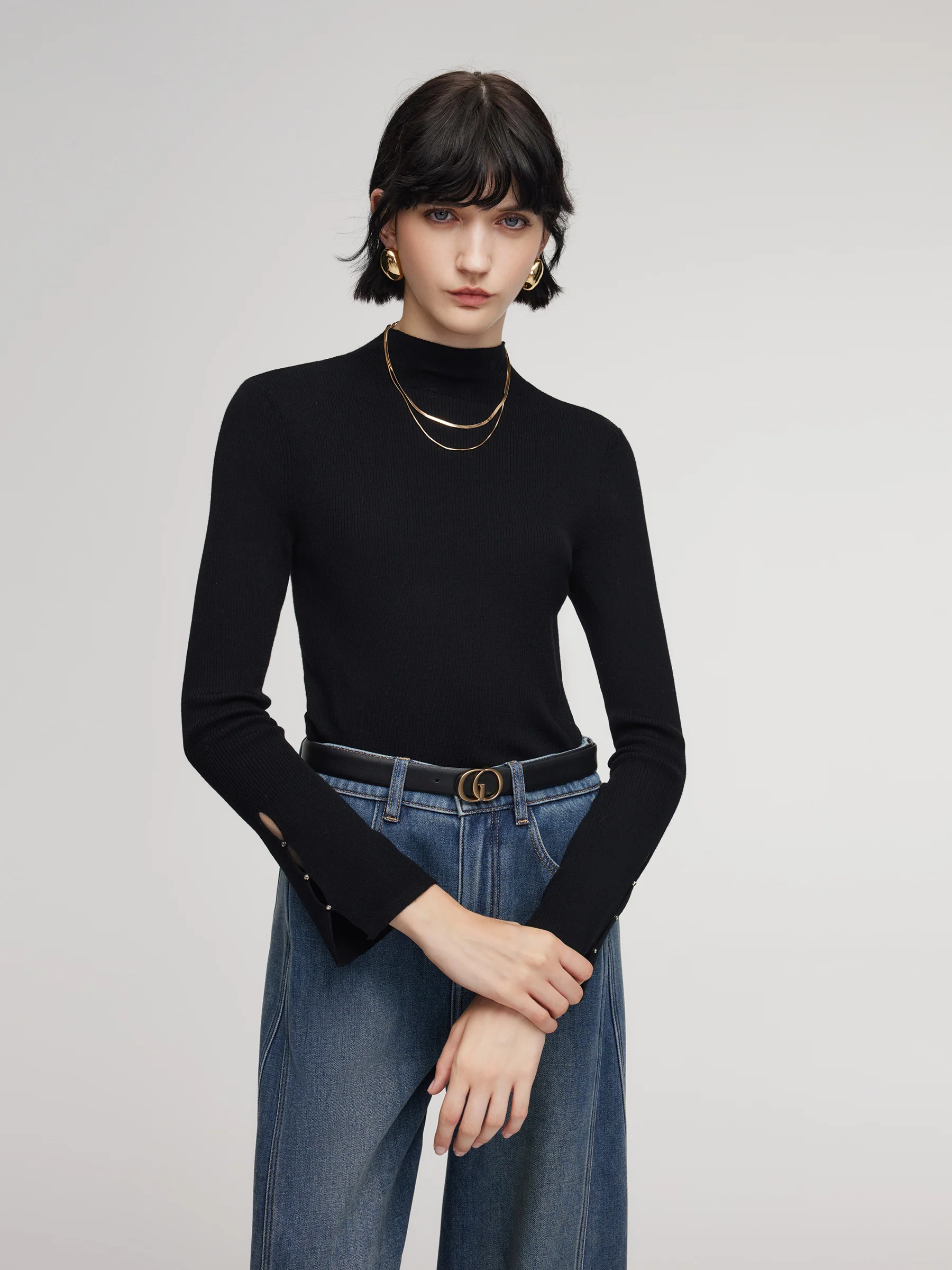 100% Machine Washable Wool Beaded Cuffs Women Mock Neck Knit Top