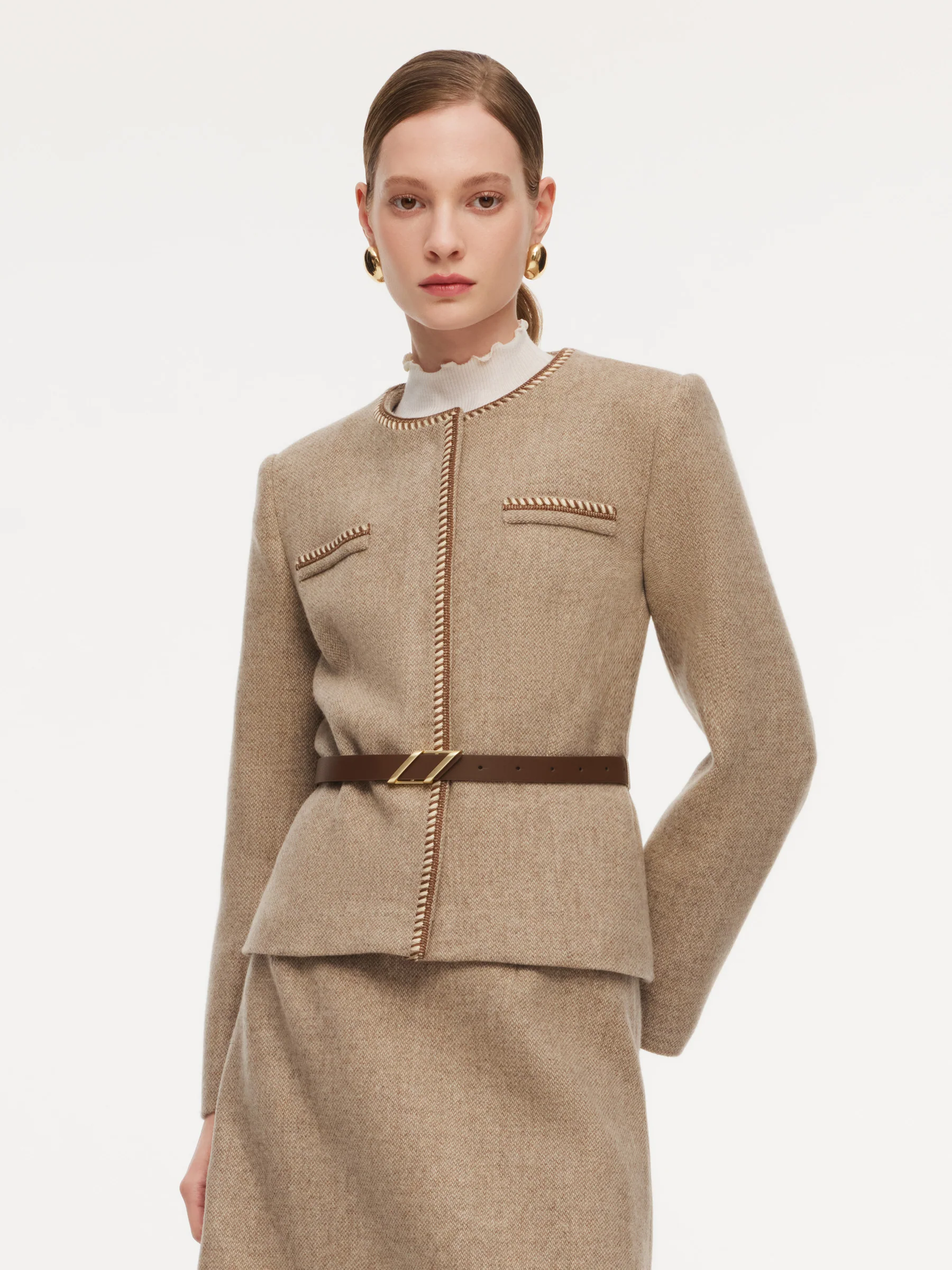100% Washable Wool Jacket And Skirt Two-Piece Set With Belt - Image 6