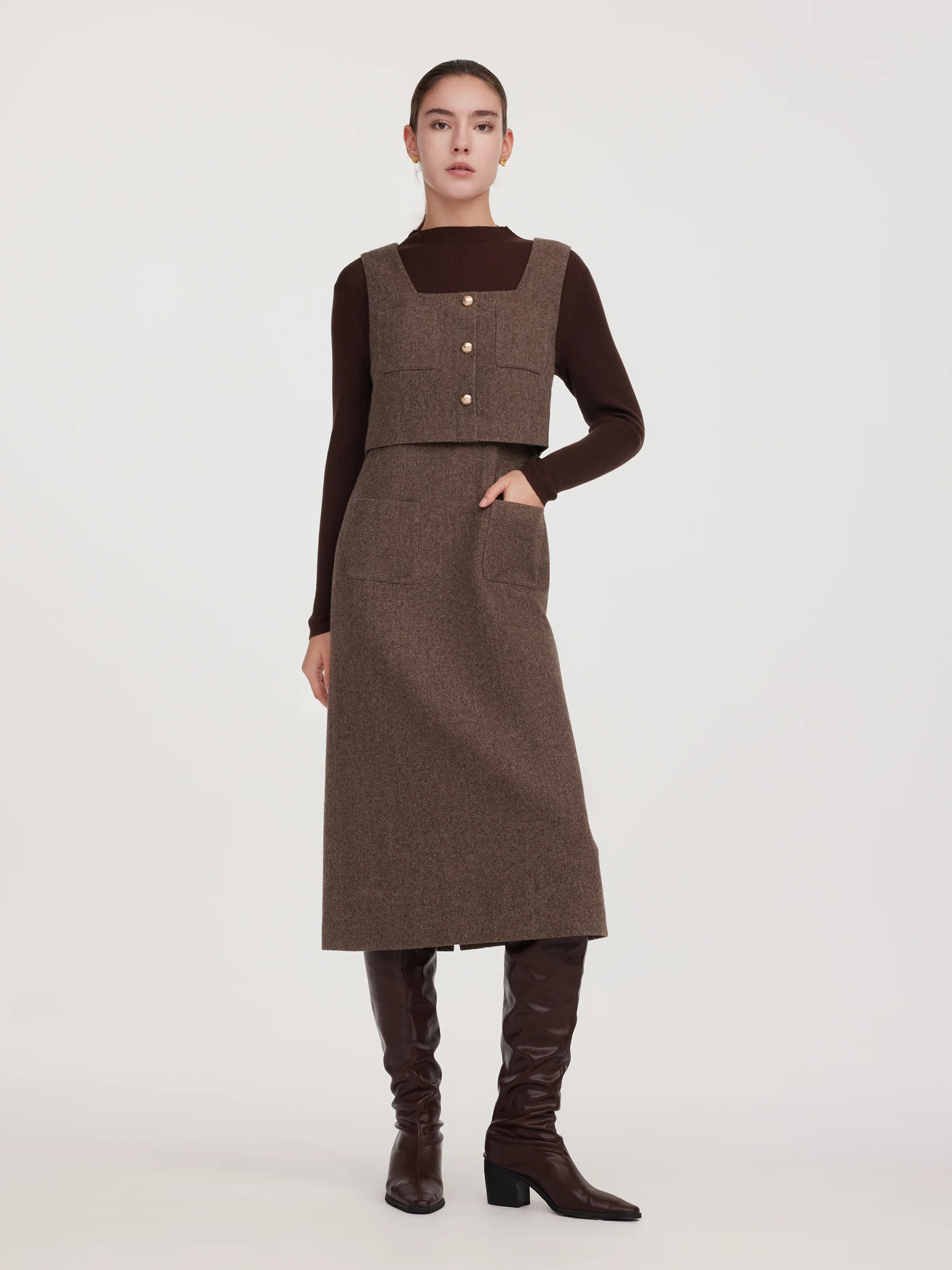 100% Washable Wool Knit Top And Sleeveless Dress Two-Piece Set