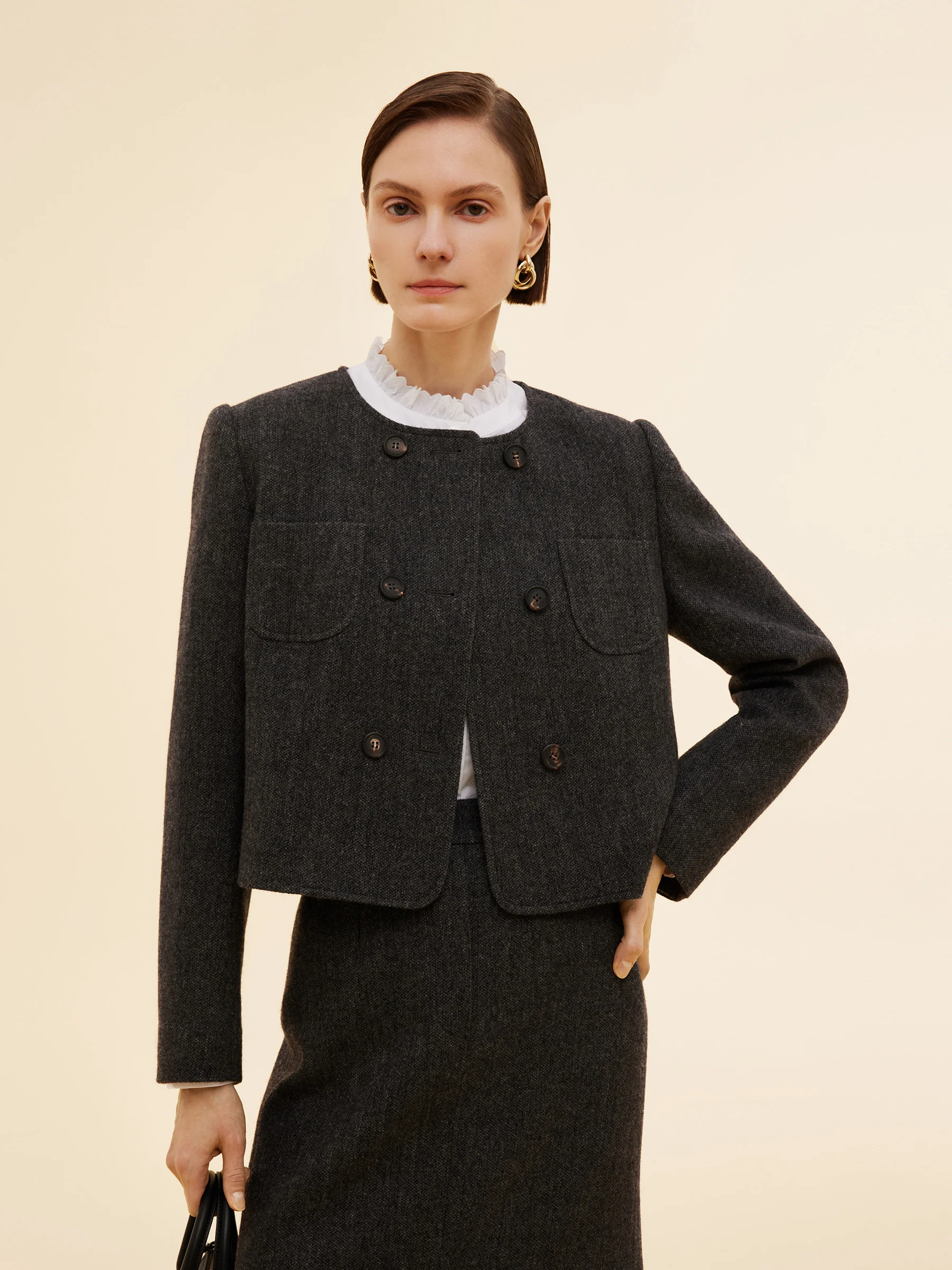 100% Washable Wool Double Breasted Women Crop Jacket