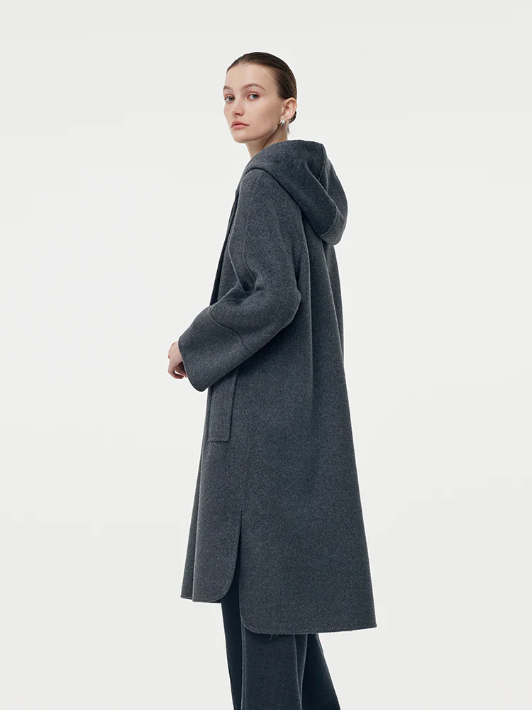 100% Wool Double-Faced Hooded Zip-Up Women Overcoat - Image 2