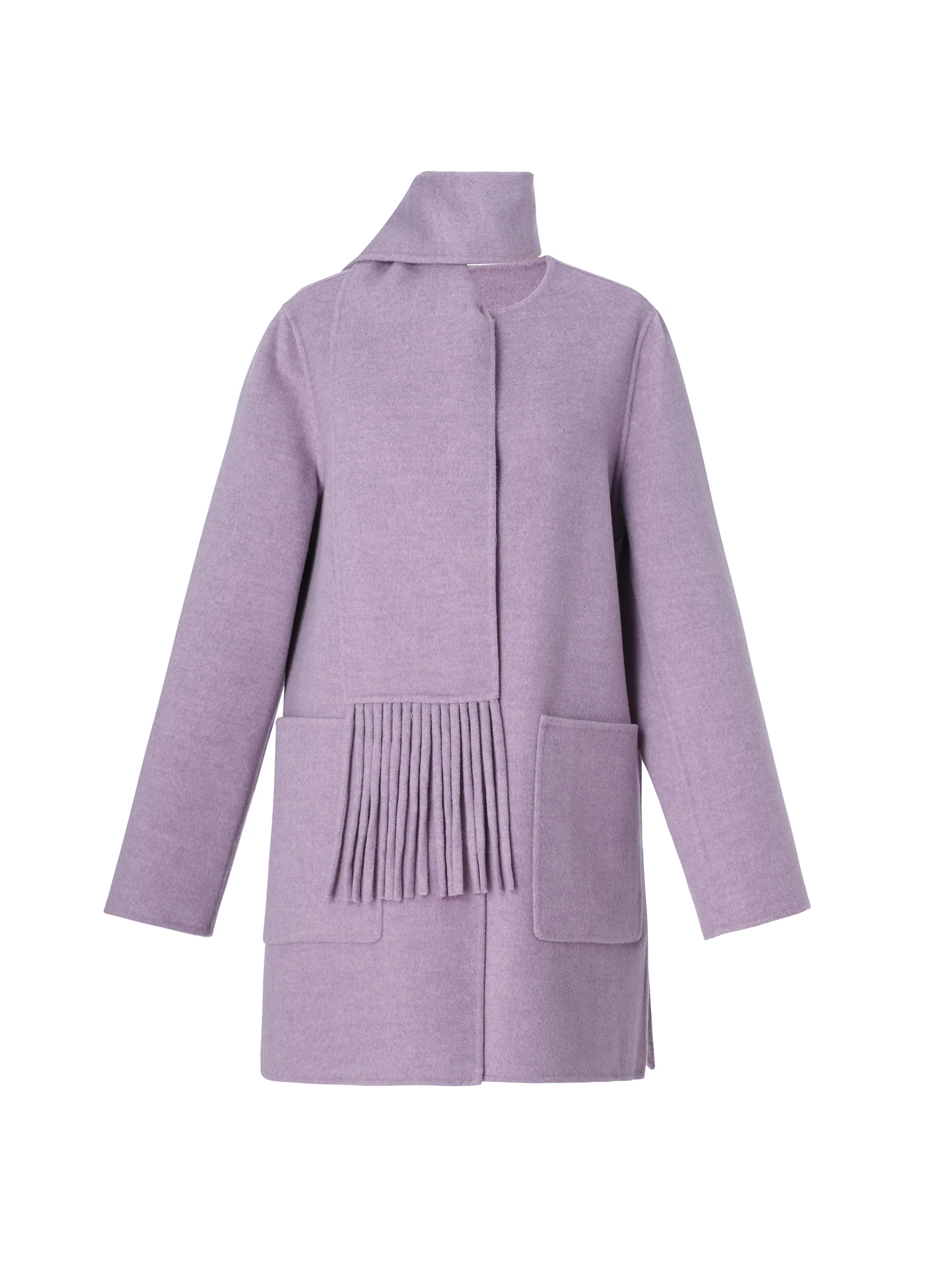 100% Wool Double-Faced Women Coat With Fringe Scarf - Image 6