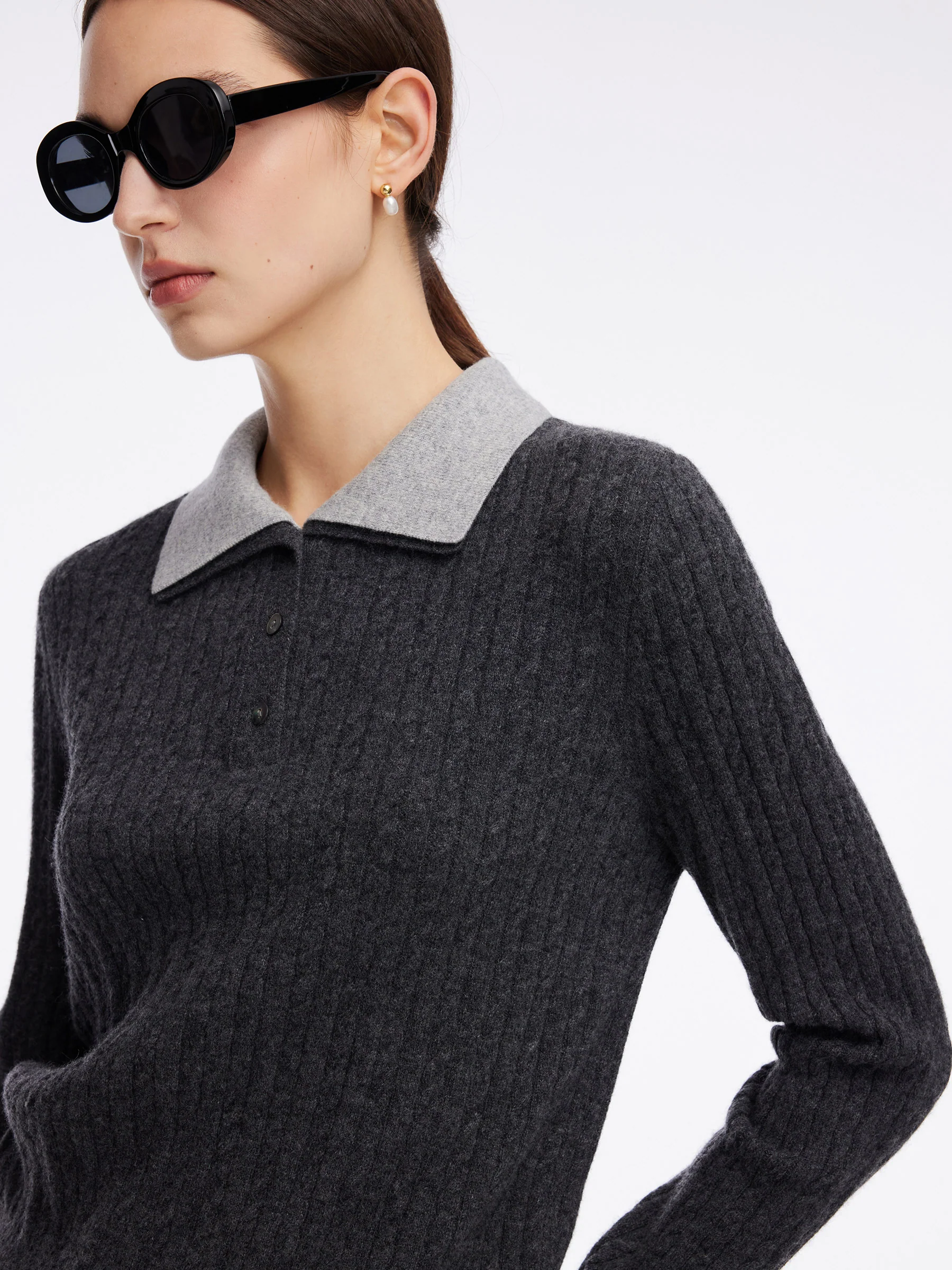 100% Wool Faux-Layered Lapel Women Knit Top - Image 4