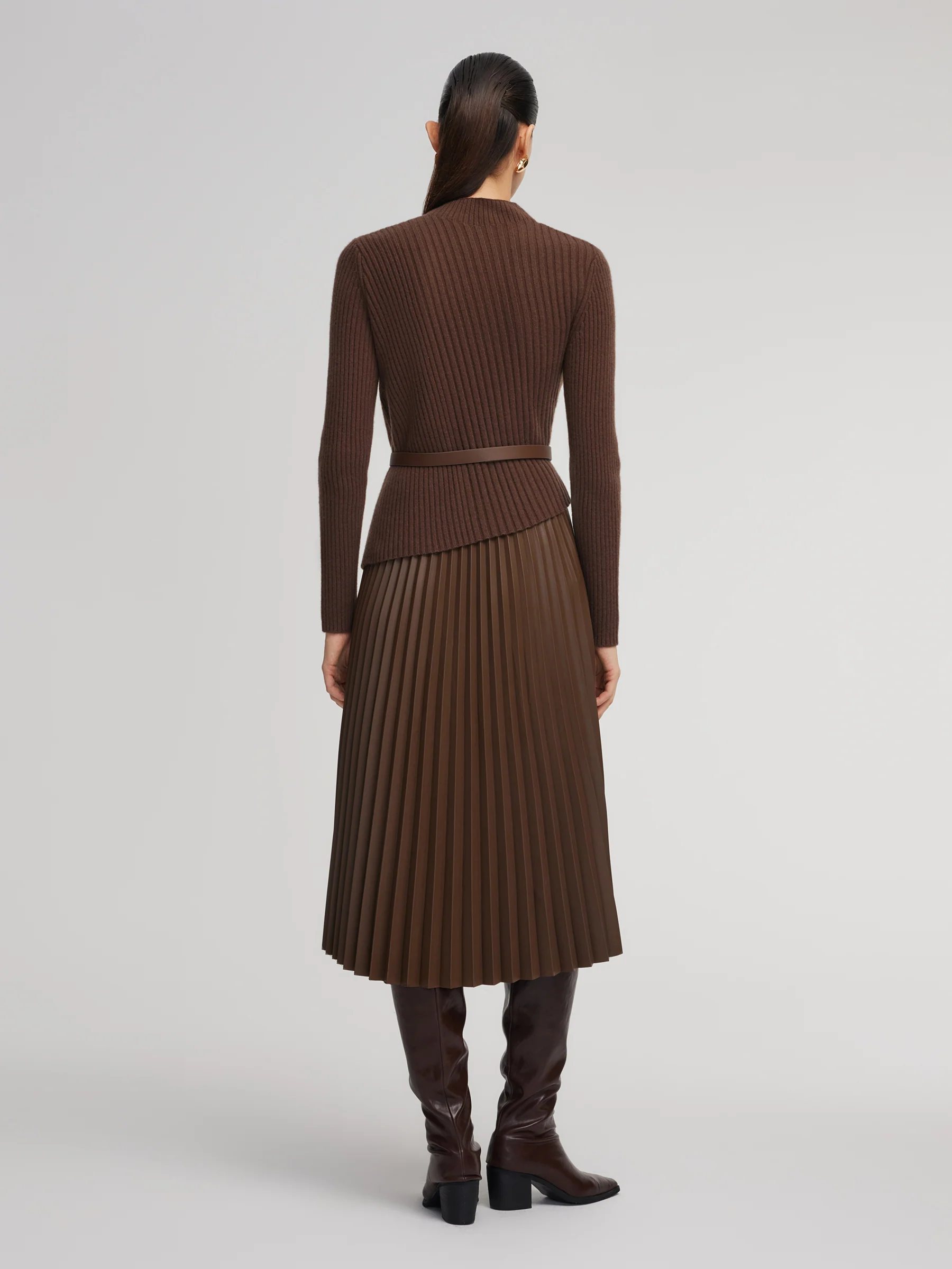 100% Wool Knit Top And PU Leather Skirt Two-Piece Set With Belt - Image 2
