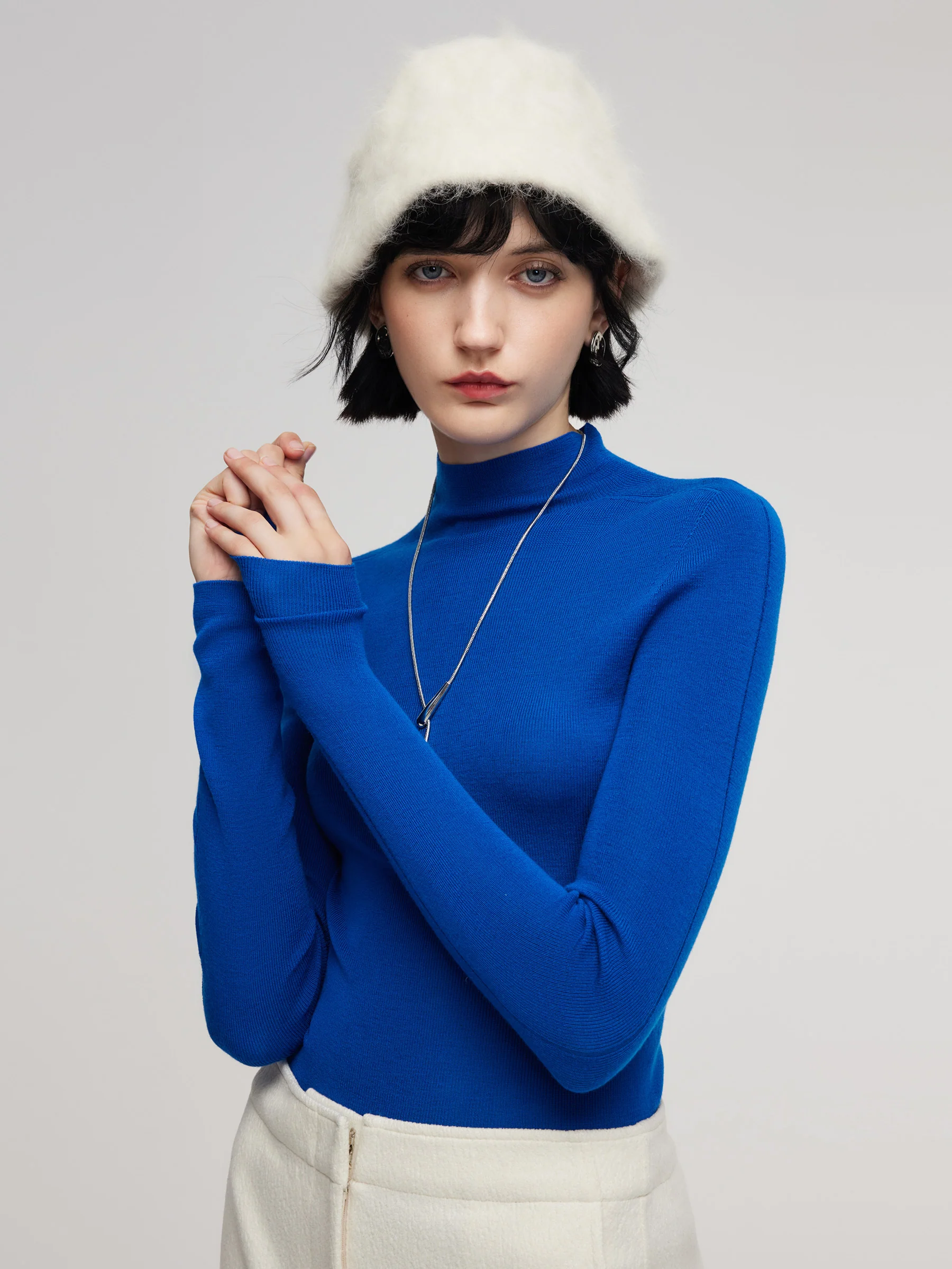 100% Wool Seamless Mock Neck Women Knit Top - Image 14