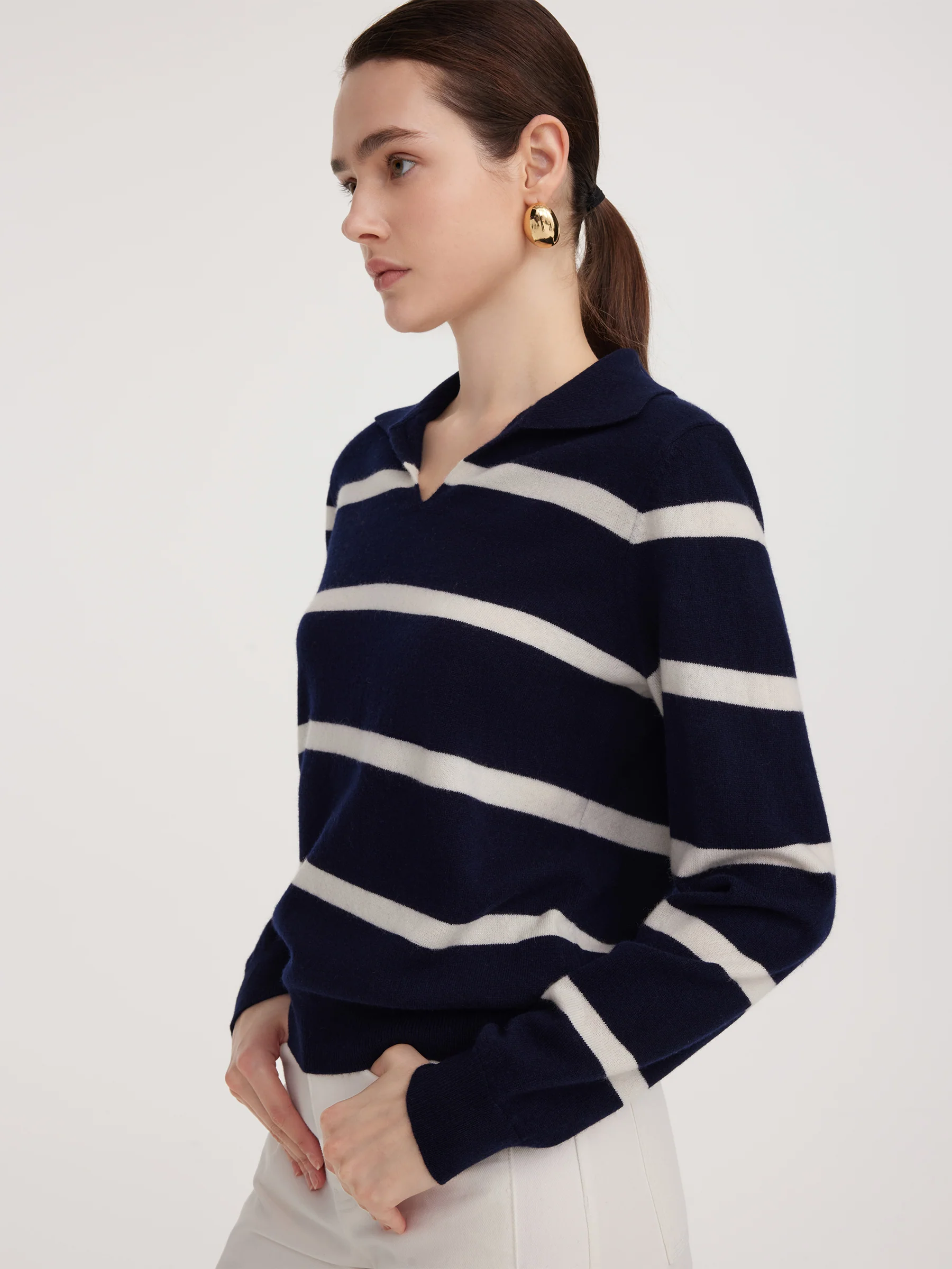 100% Wool Stripe Women Polo Sweater - Image 5