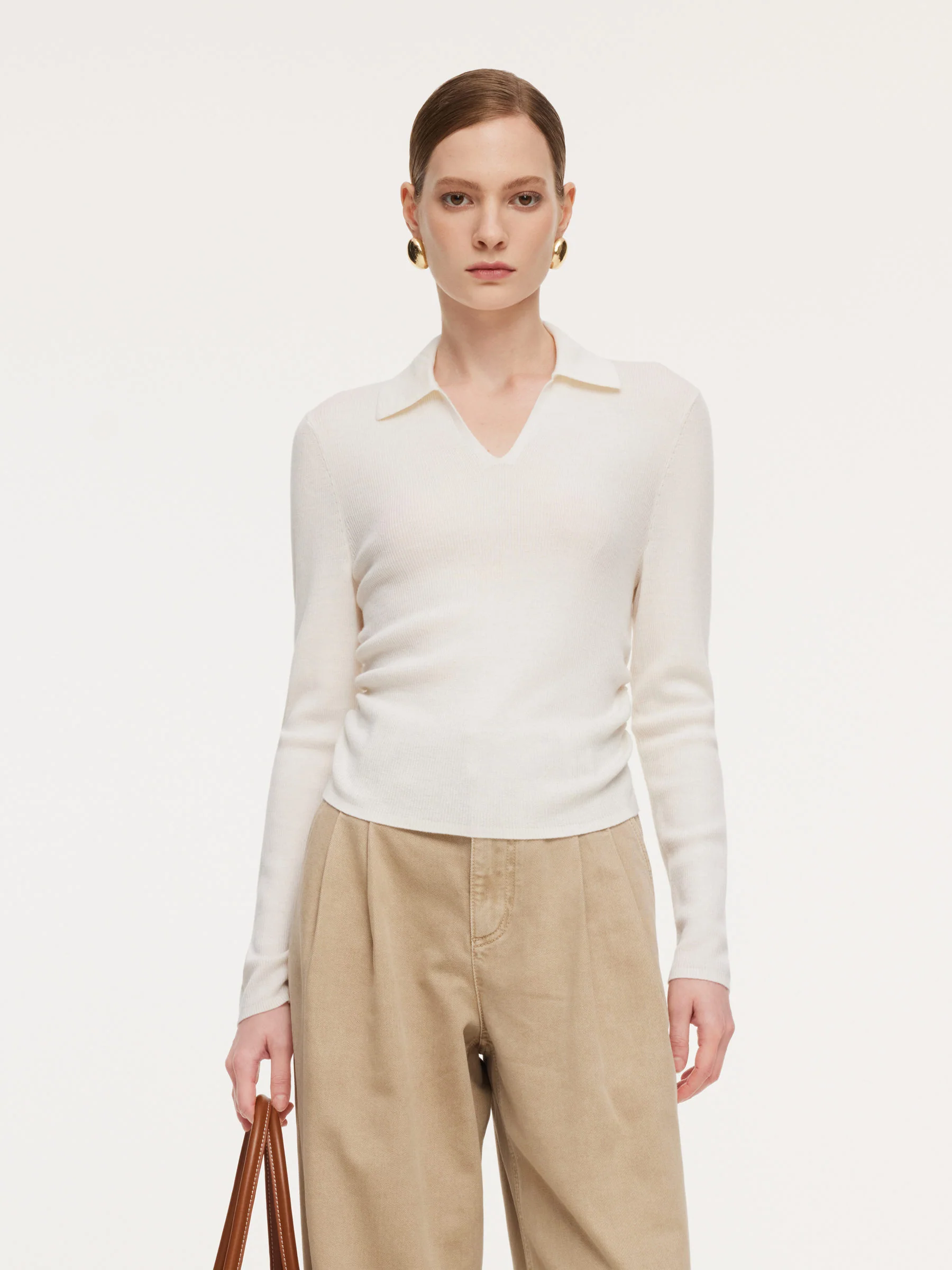 100% Wool V-Neck Ruched Women Polo Knit Top