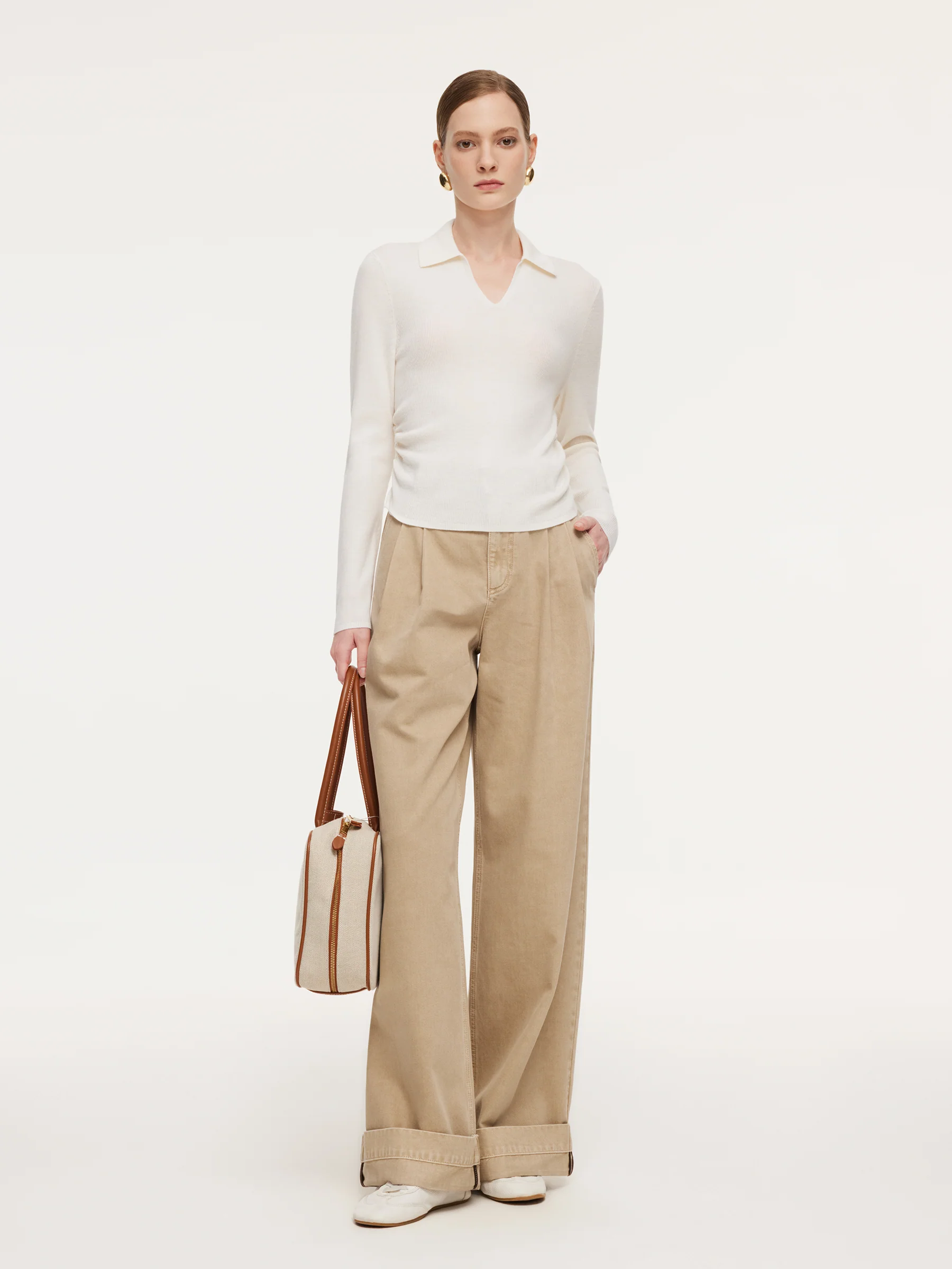 100% Wool V-Neck Ruched Women Polo Knit Top - Image 2