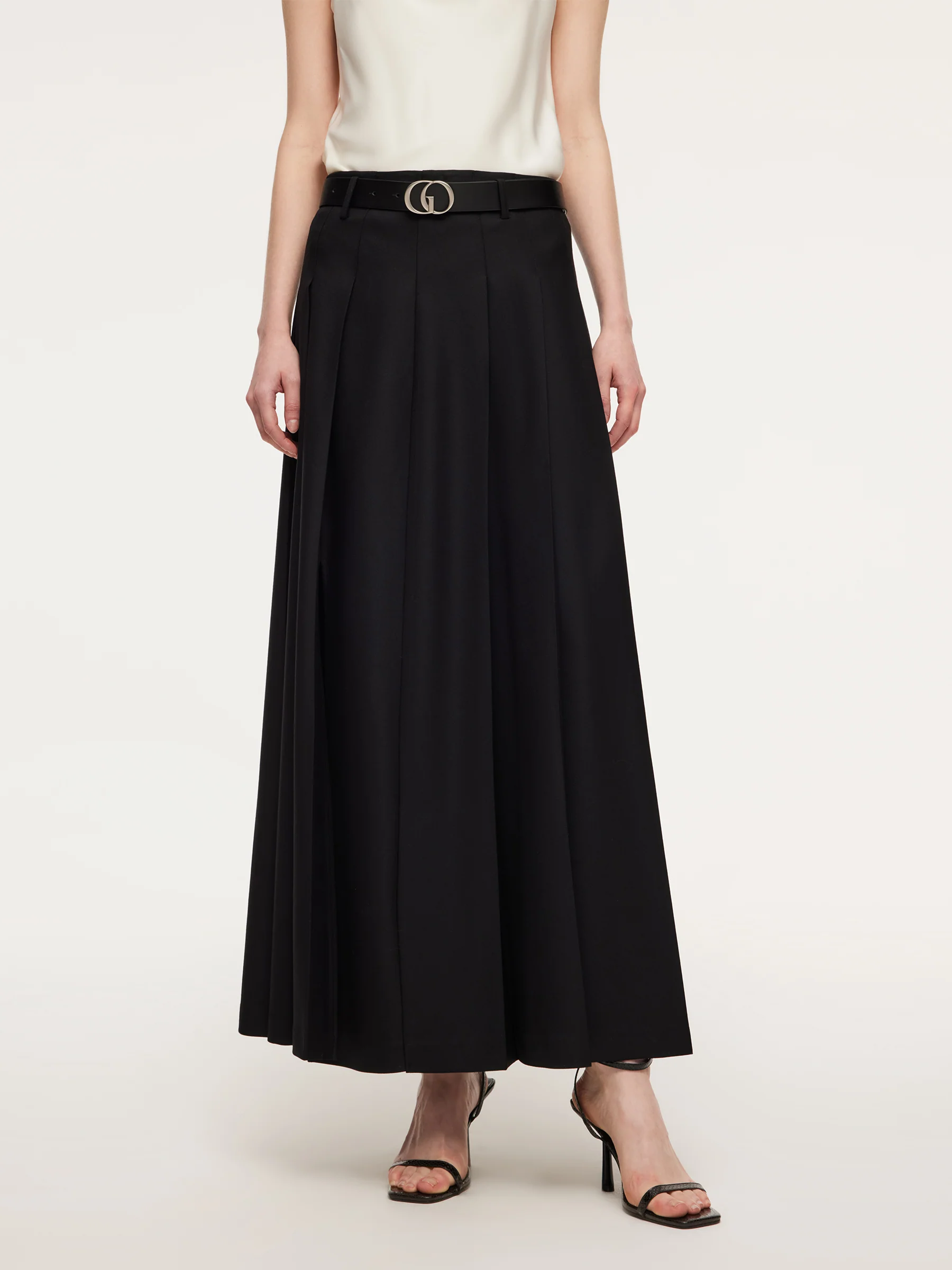 100% Wool Side Slit Women Pleated Skirt With Belt