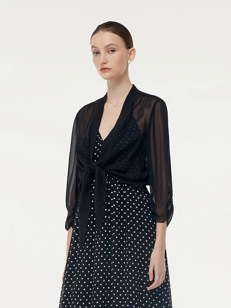10MM Mulberry Silk 3/4 Sleeve Women Front Knot Shirt - Image 10