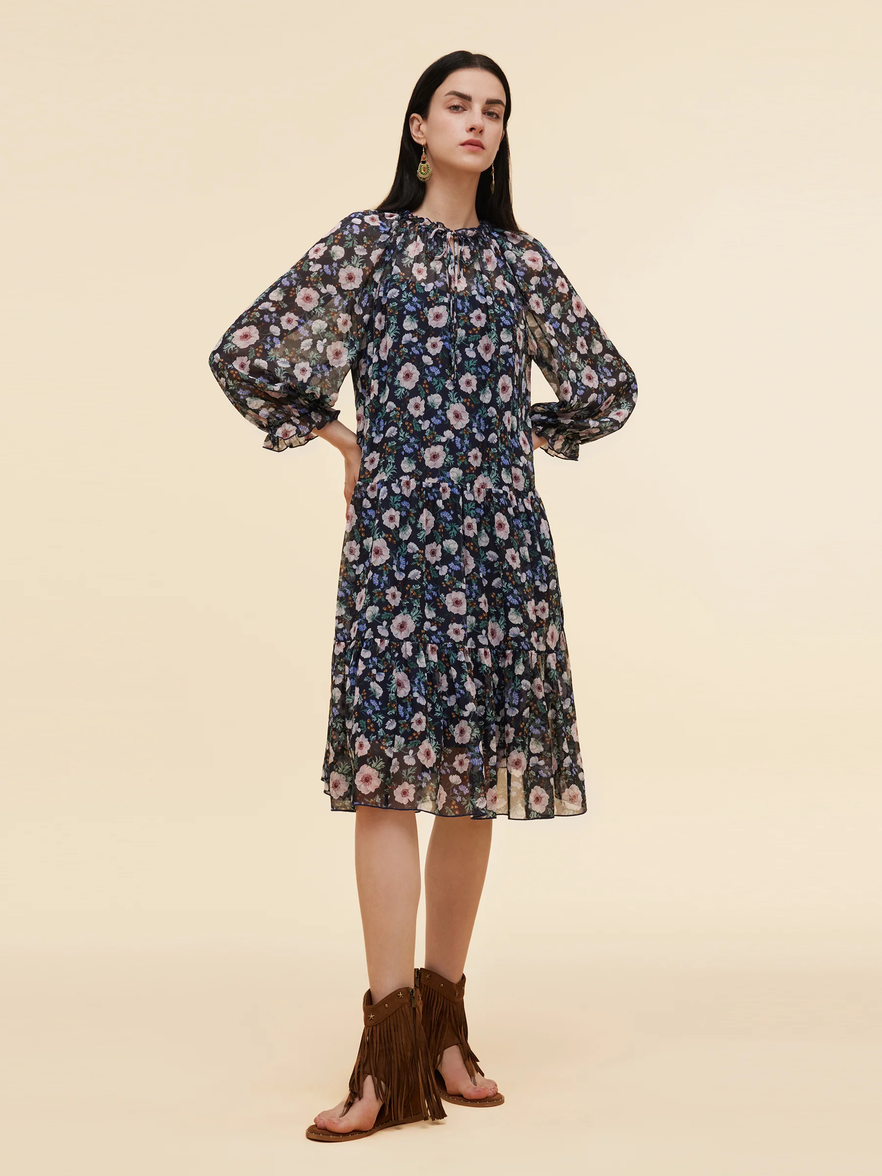 10MM Mulberry Silk Floral Print Women Ruffle Collar Midi Dress - Image 5