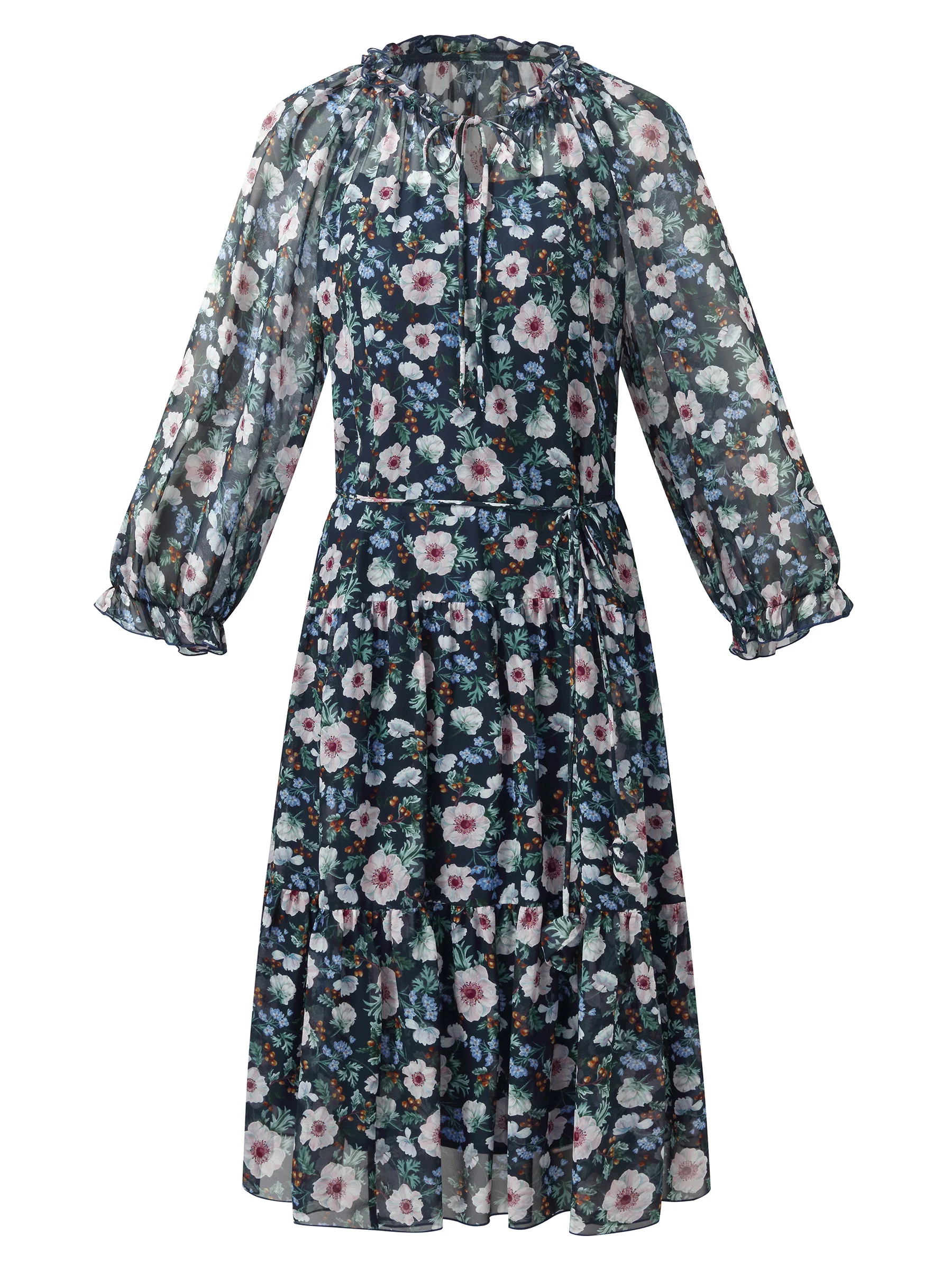 10MM Mulberry Silk Floral Print Women Ruffle Collar Midi Dress - Image 8