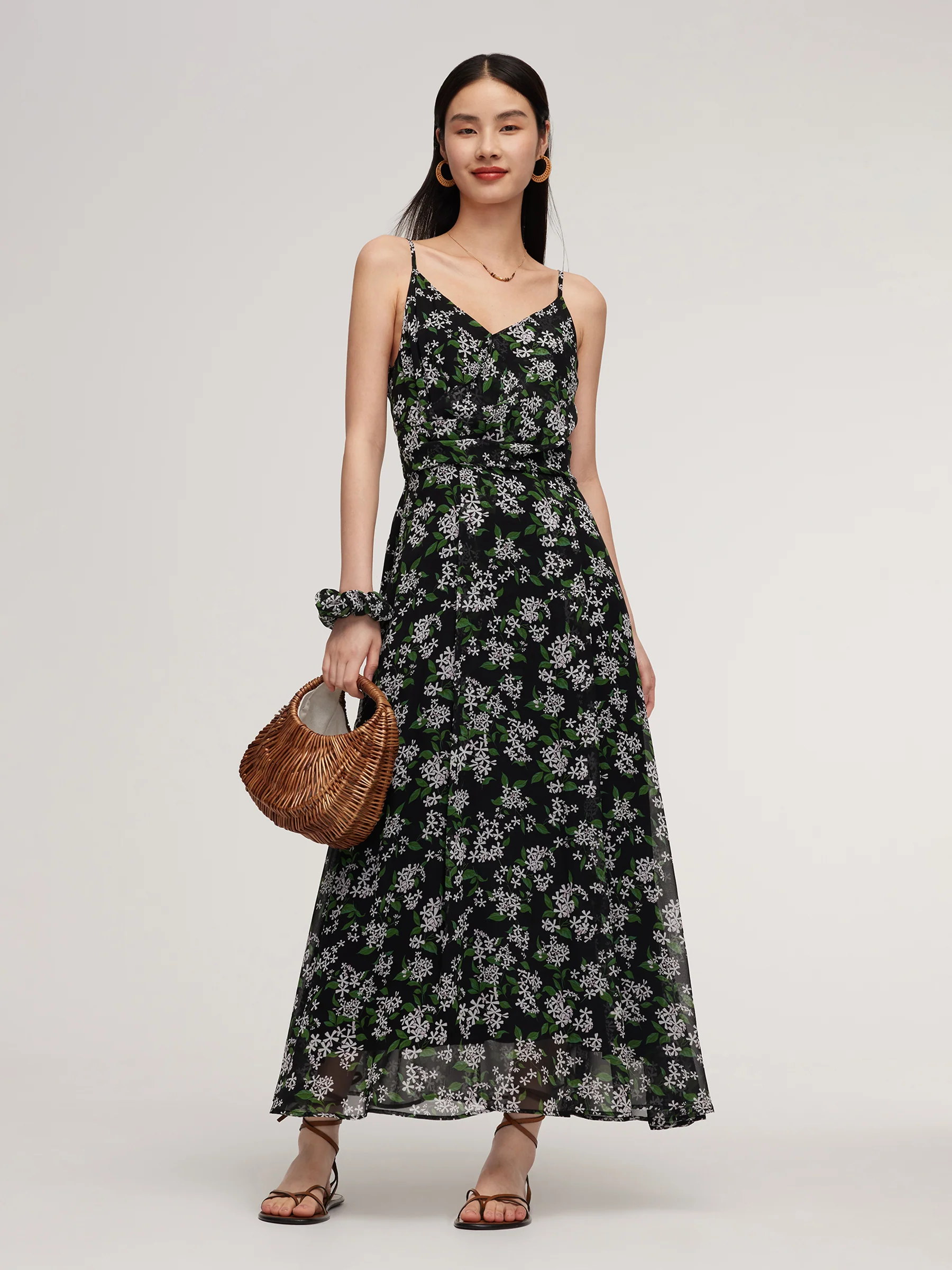 10MM Mulberry Silk Floral Print Women Strap Maxi Dress With Scrunchie
