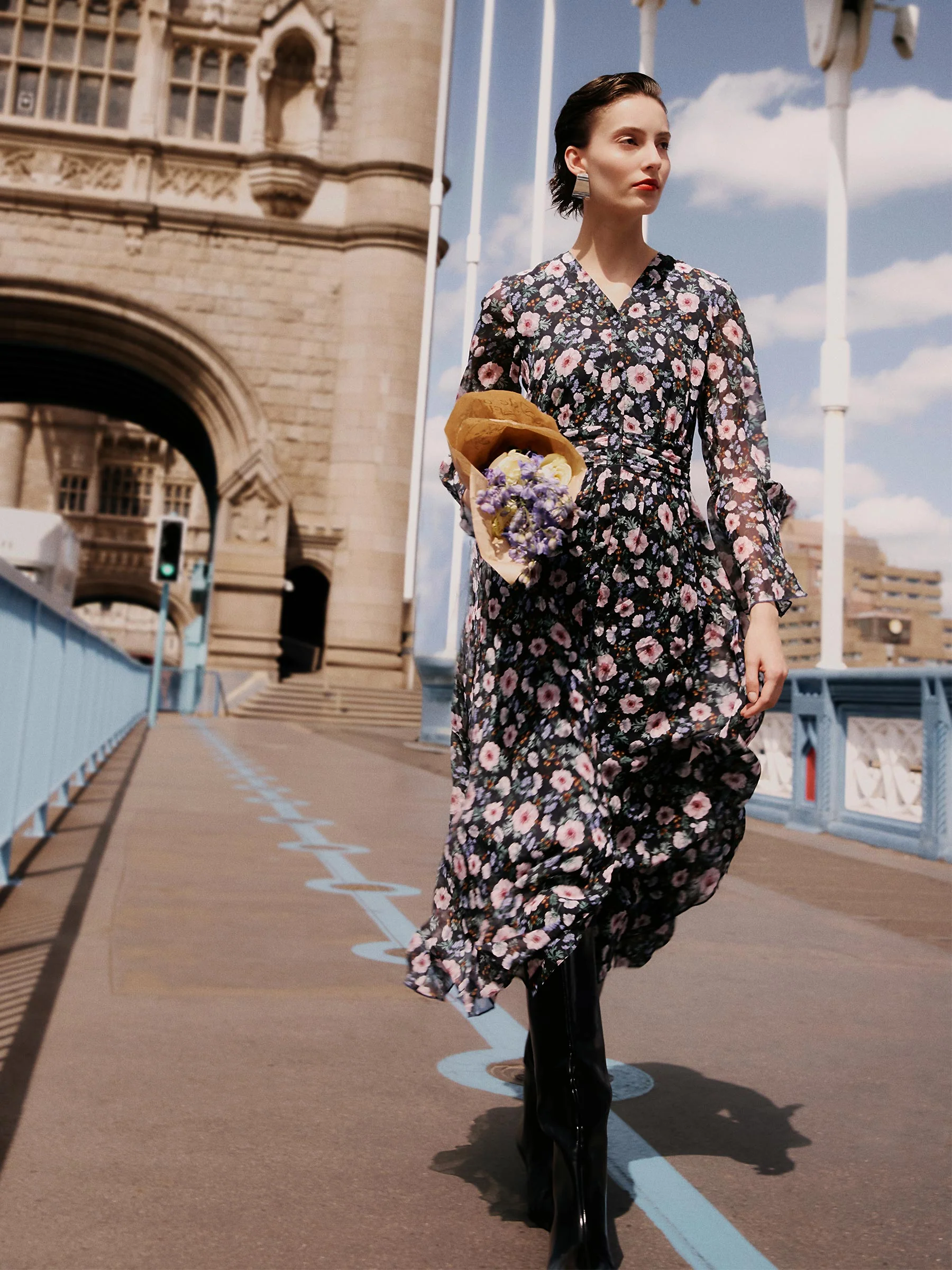 10MM Mulberry Silk Floral Print Women V-Neck Maxi Dress