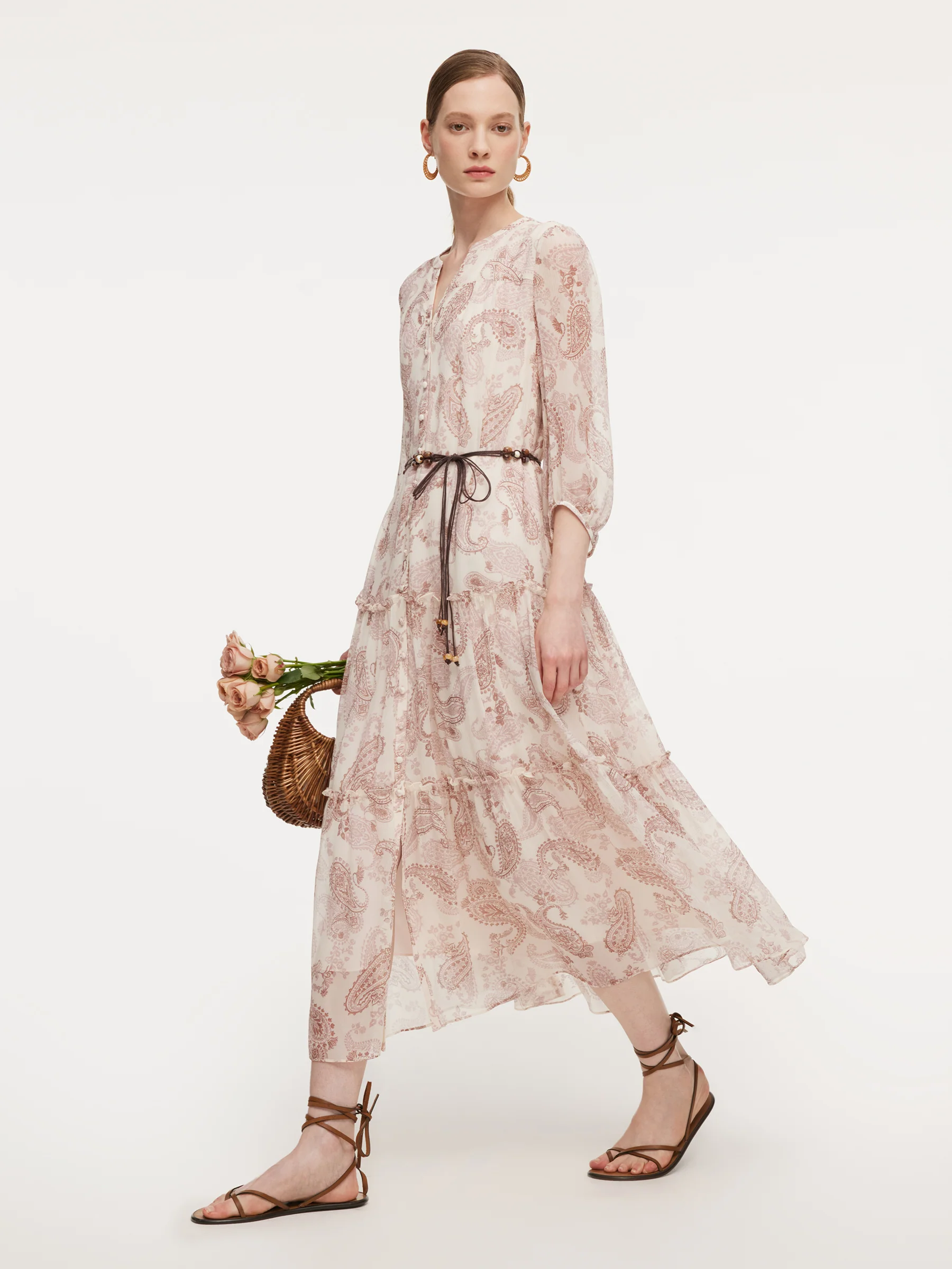 10MM Mulberry Silk Paisley Print Women Maxi Dress With Two Self-Tie Belts - Image 8