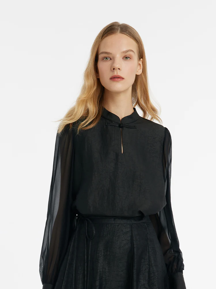 18 Momme Pure Xiang Yun Silk New Chinese-Style Women Blouse - Image 4