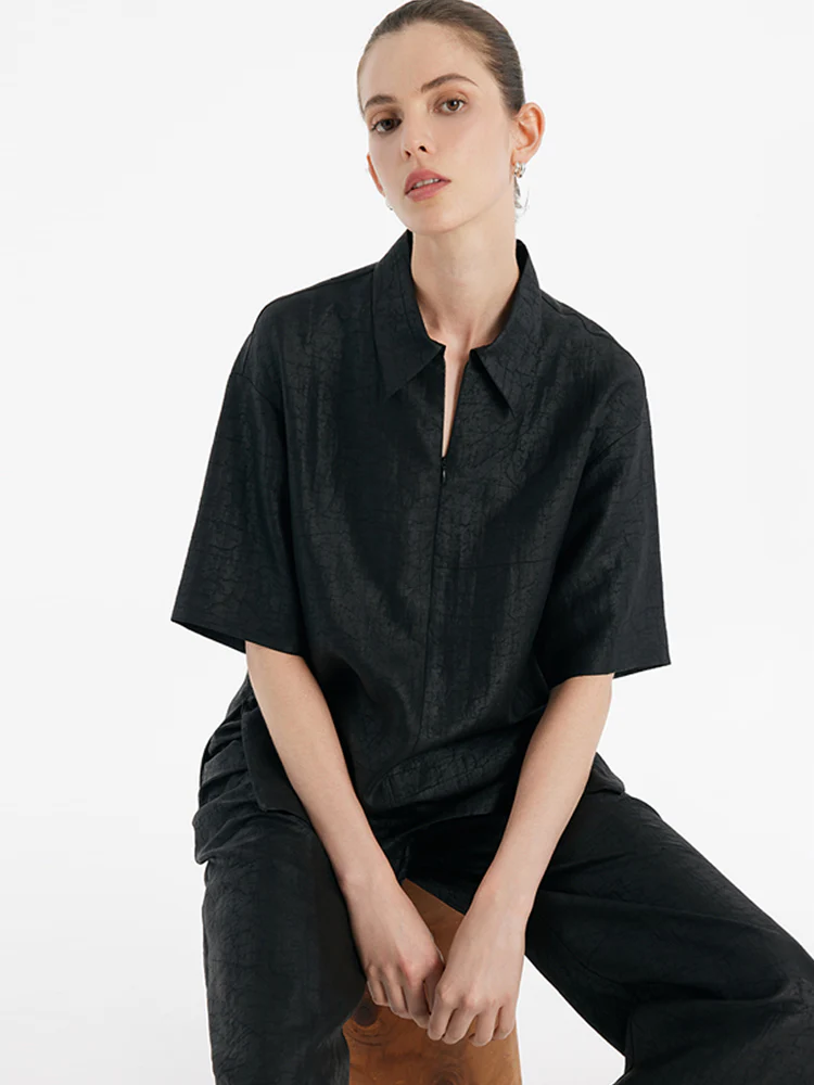 18 Momme Xiang Yun Silk Women Shirt With Zippered Lapel Collar - Image 5