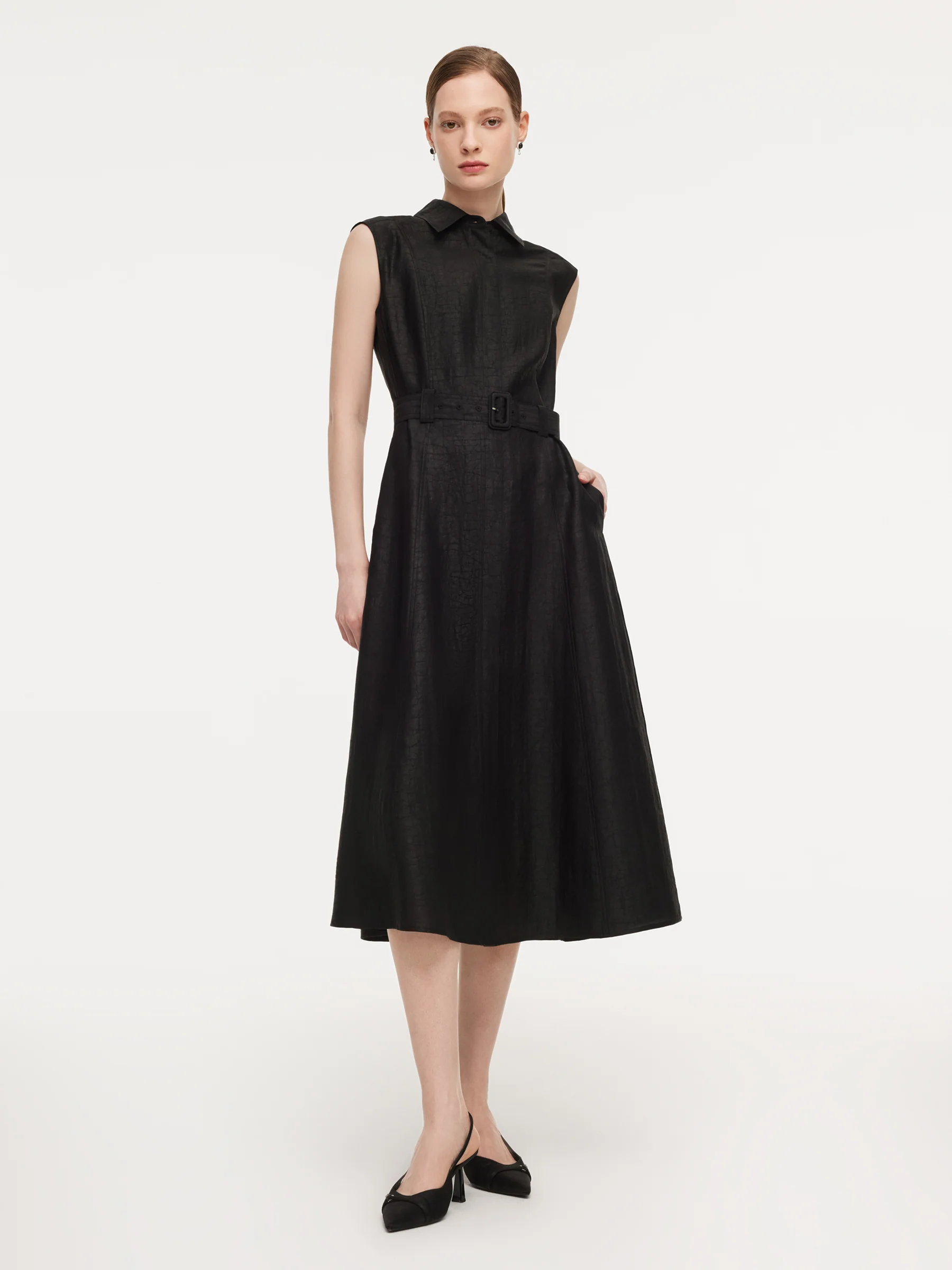 18MM Gambiered Canton Gauze Women Midi Dress With Belt