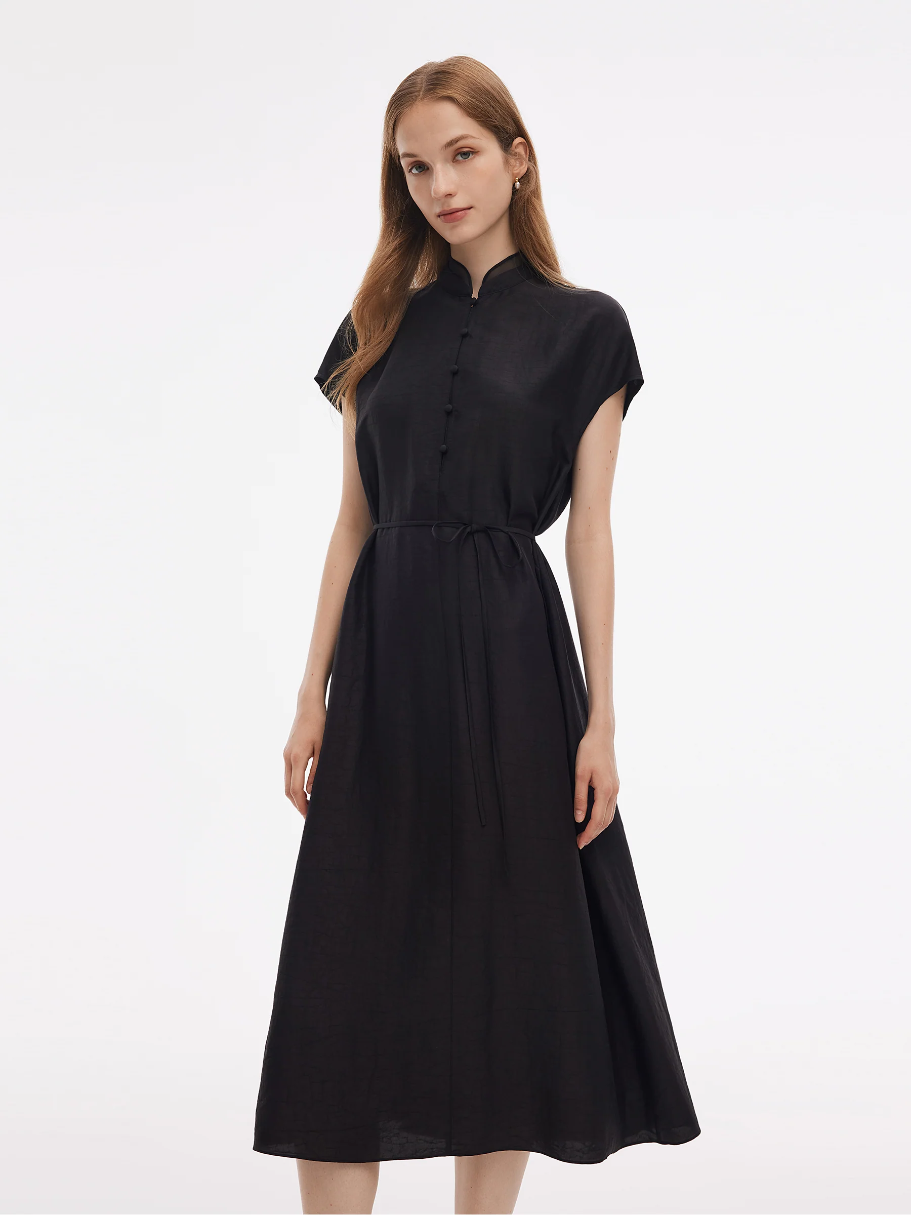 18MM Xiang Yun Silk A-Line Women Self-Tie Belt Midi Dress