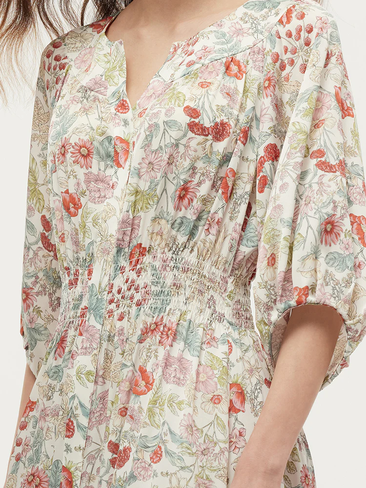 19 Momme Mulberry Silk Floral Print Ruched Waist Women Maxi Dress - Image 6