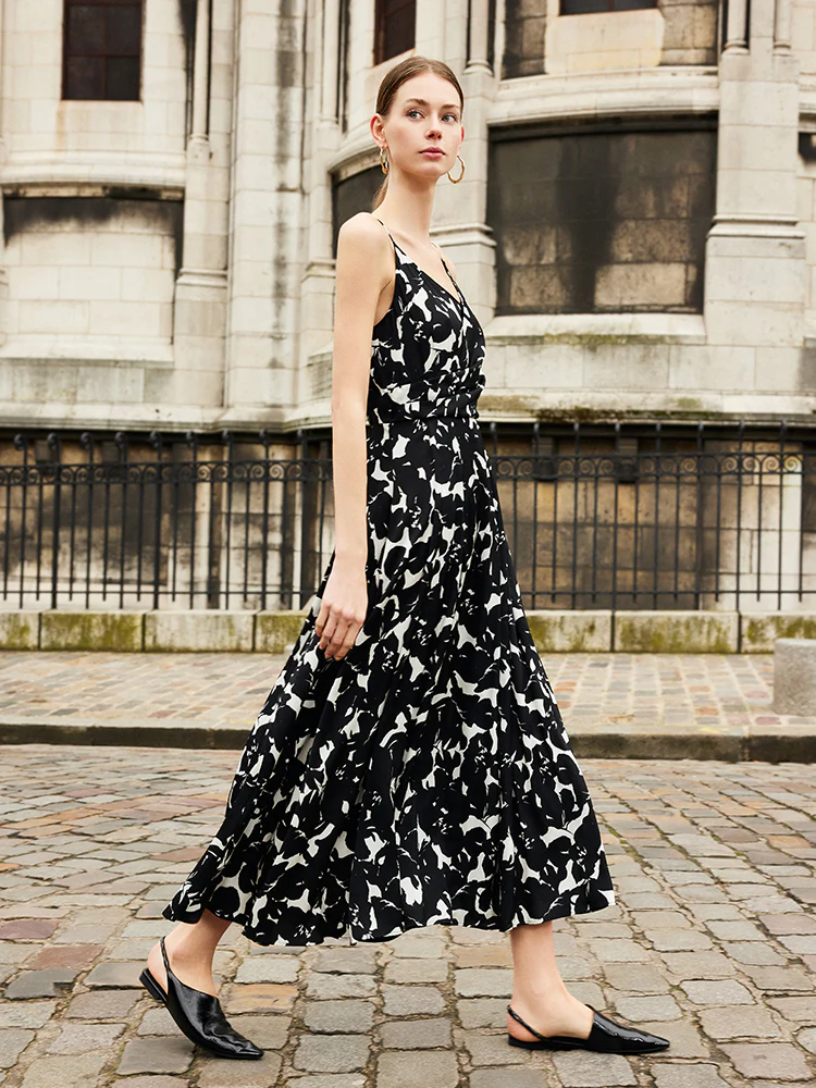19 Momme Mulberry Silk Iris Print Women Maxi Spaghetti Strap Dress With Scrunchie - Image 3