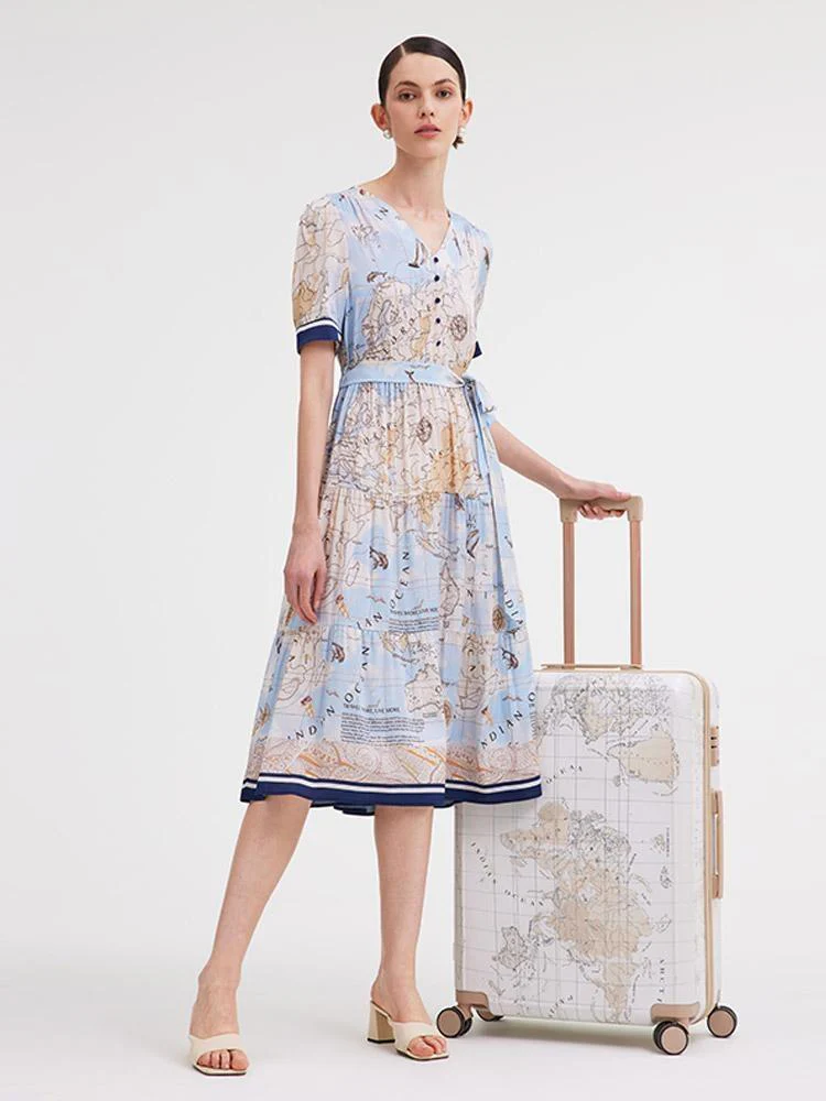 19 Momme Silk Map Print Midi Dress - Image 11
