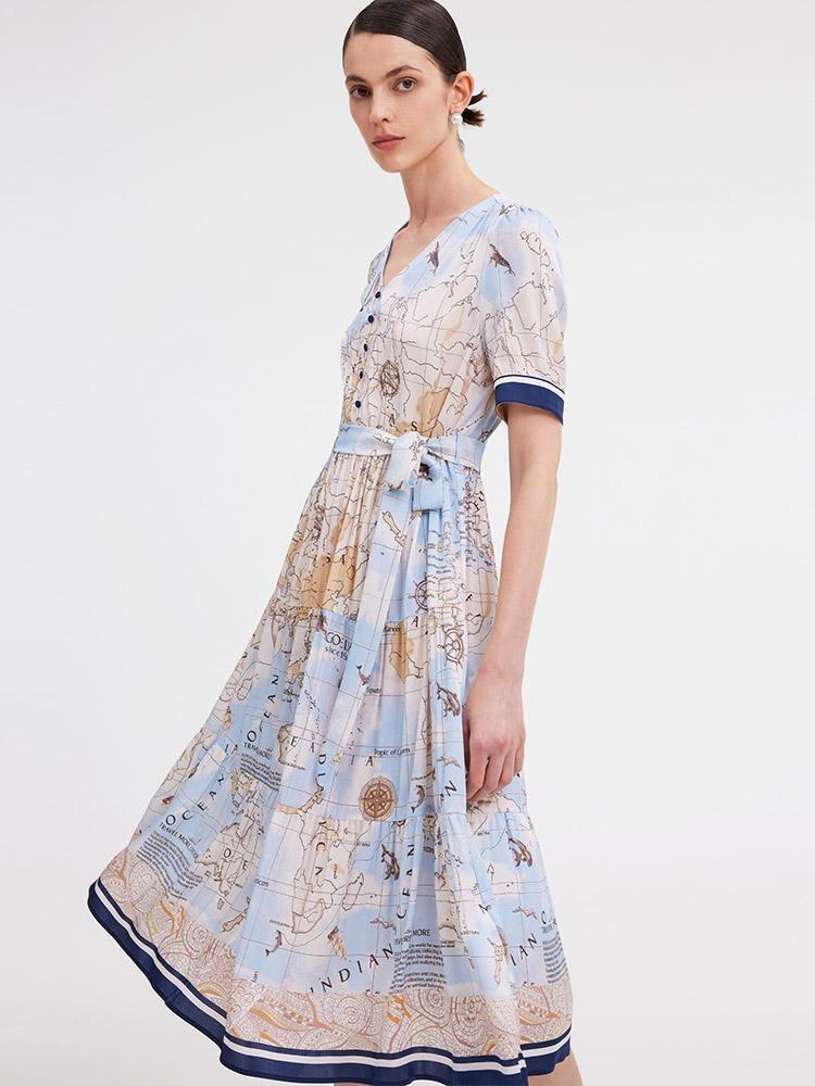 19 Momme Silk Map Print Midi Dress - Image 9