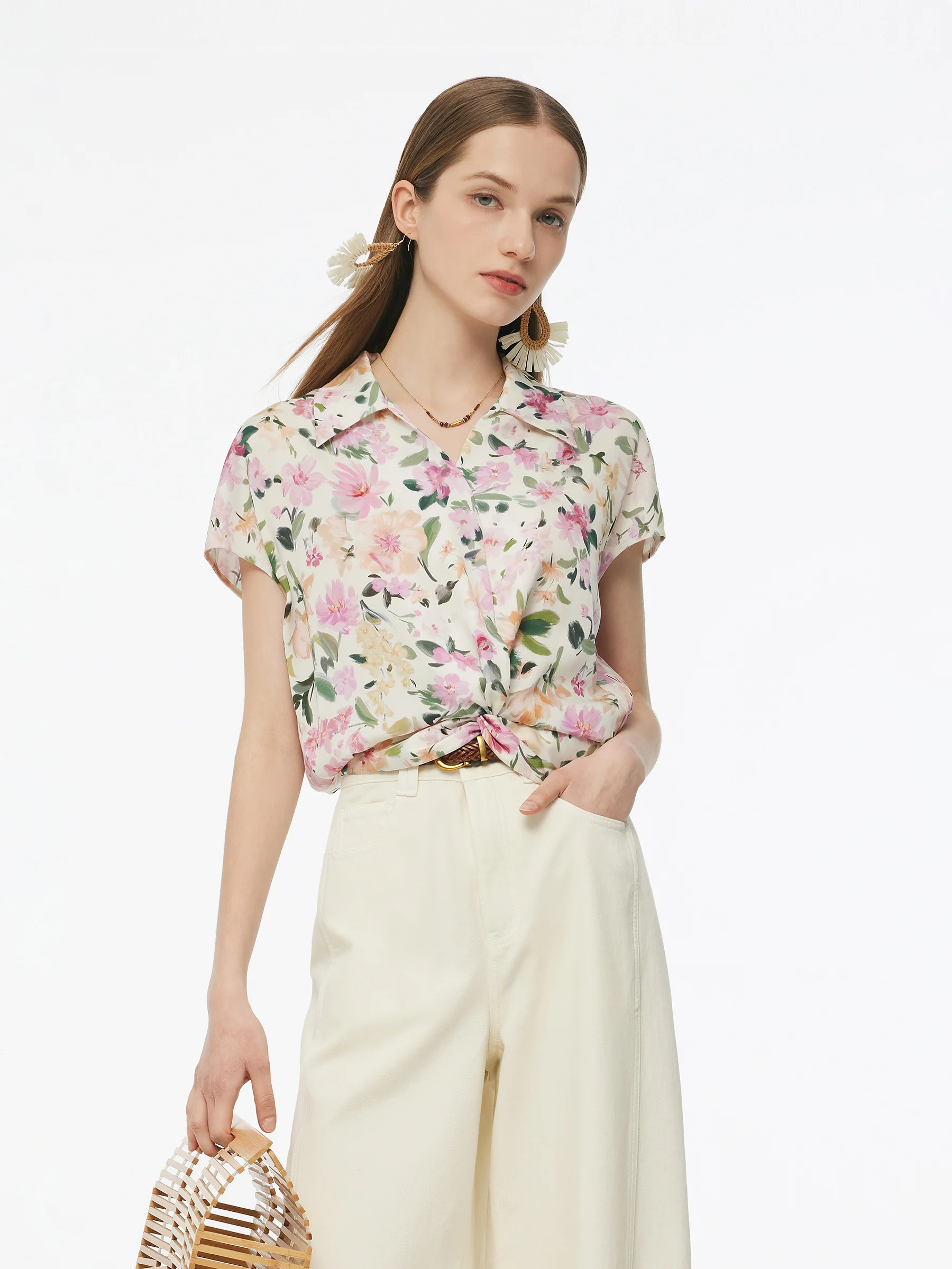 19MM Mulberry Silk Floral Print Women Twist Front Blouse