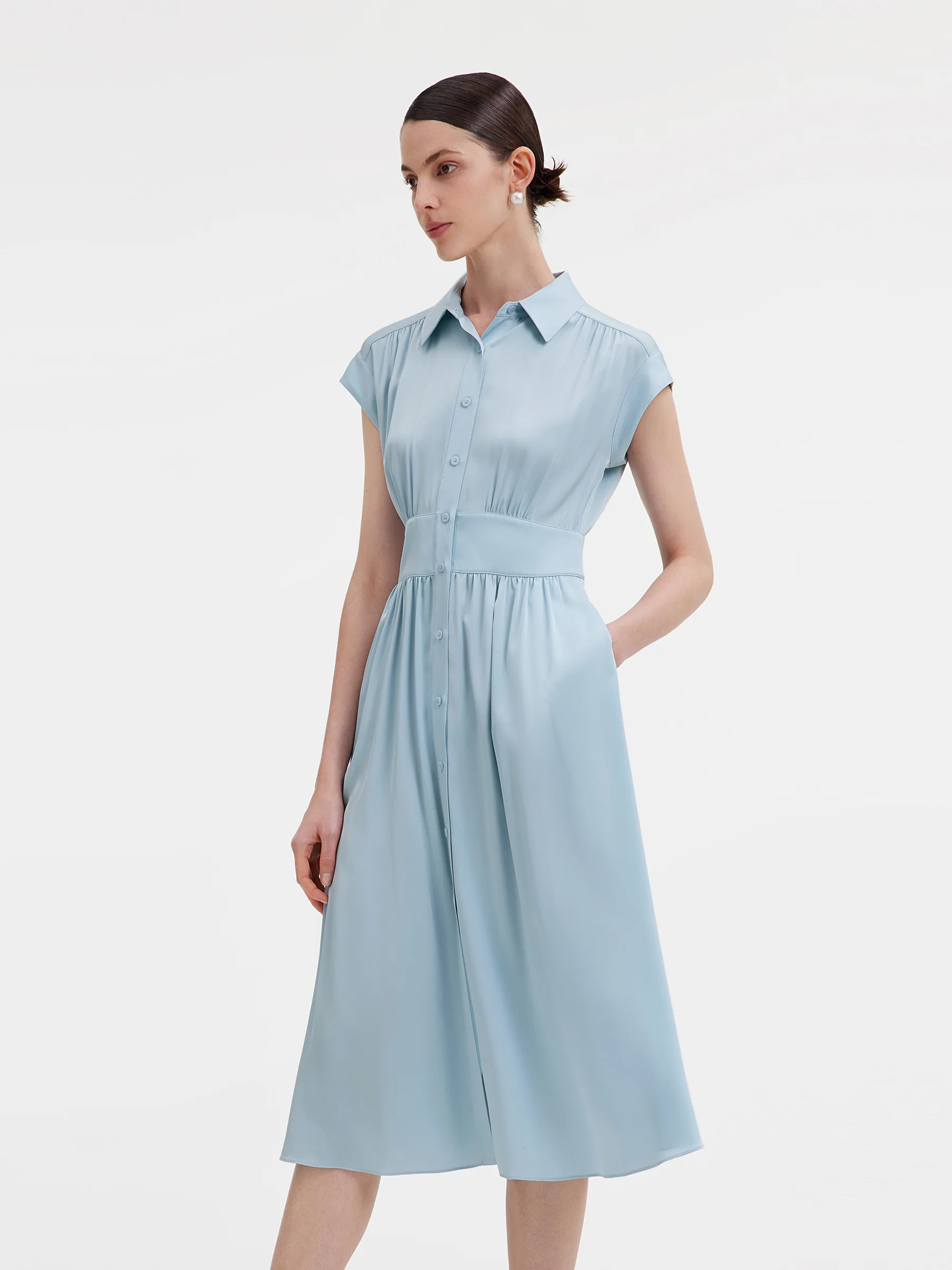 22MM Stretch Silk Women Midi Shirt Dress - Image 11