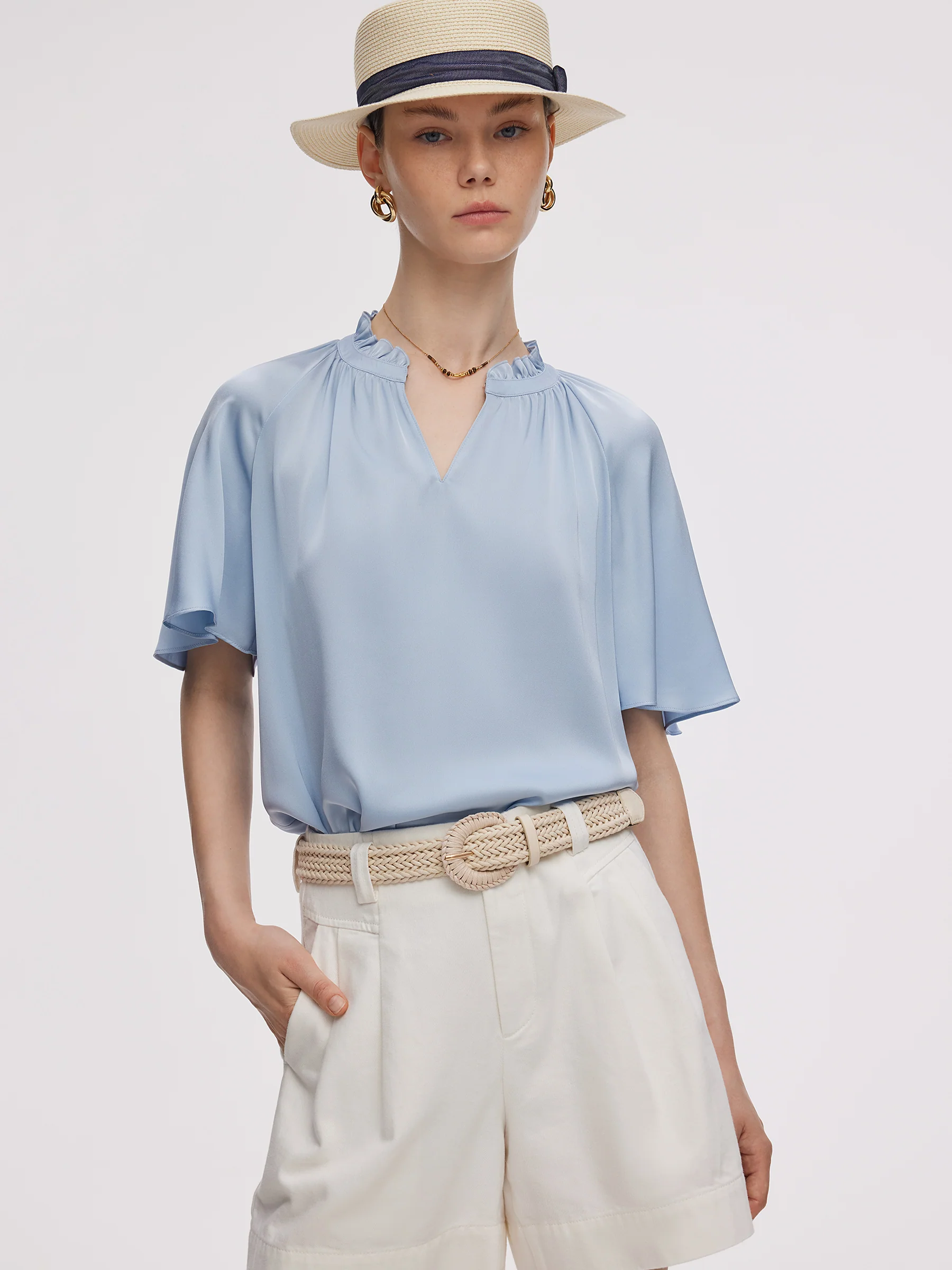 22MM Mulberry Silk Women Ruffle Sleeve Blouse