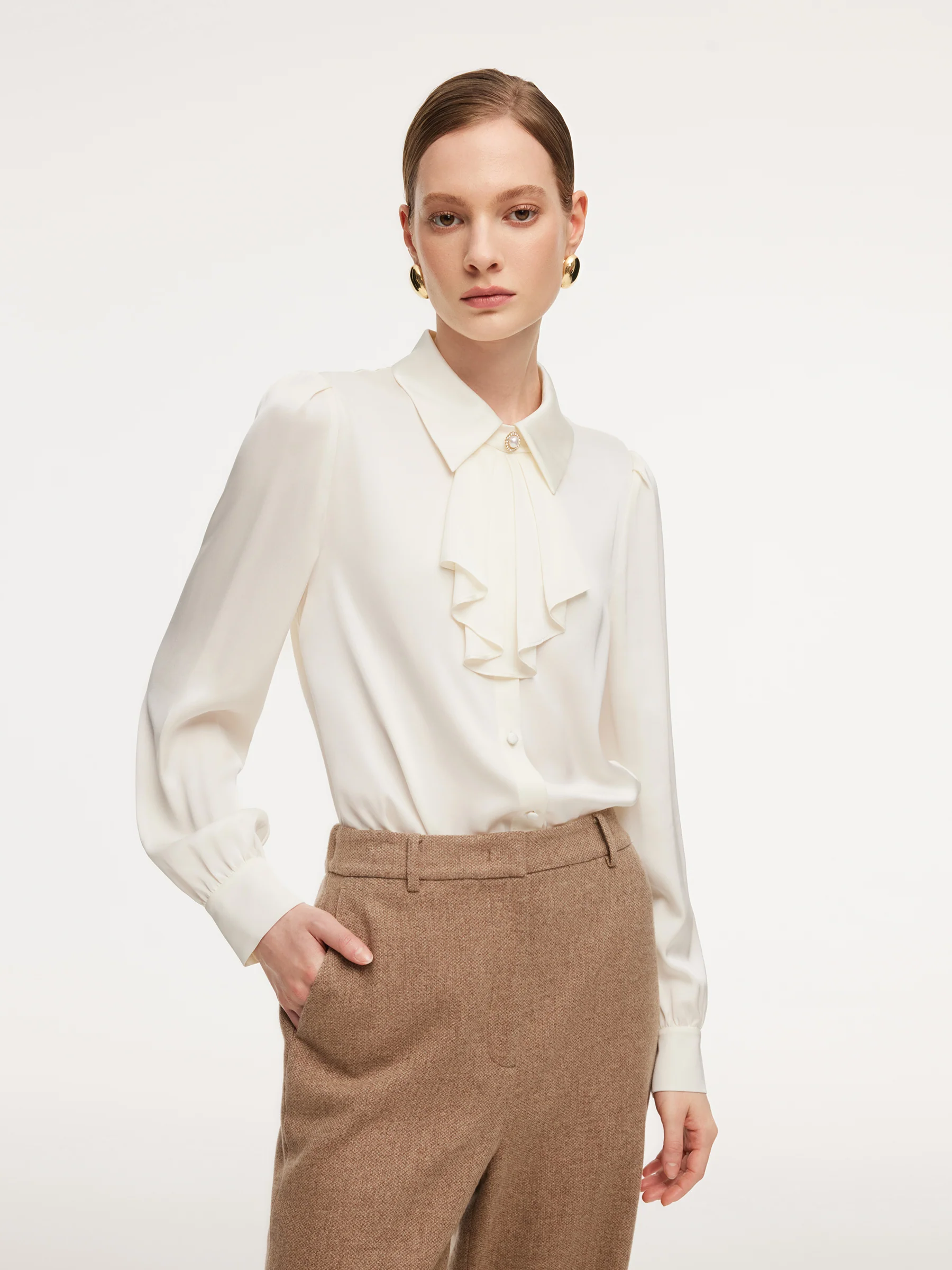 22MM Mulberry Silk Women Shirt With Detachable Ruffle Detail
