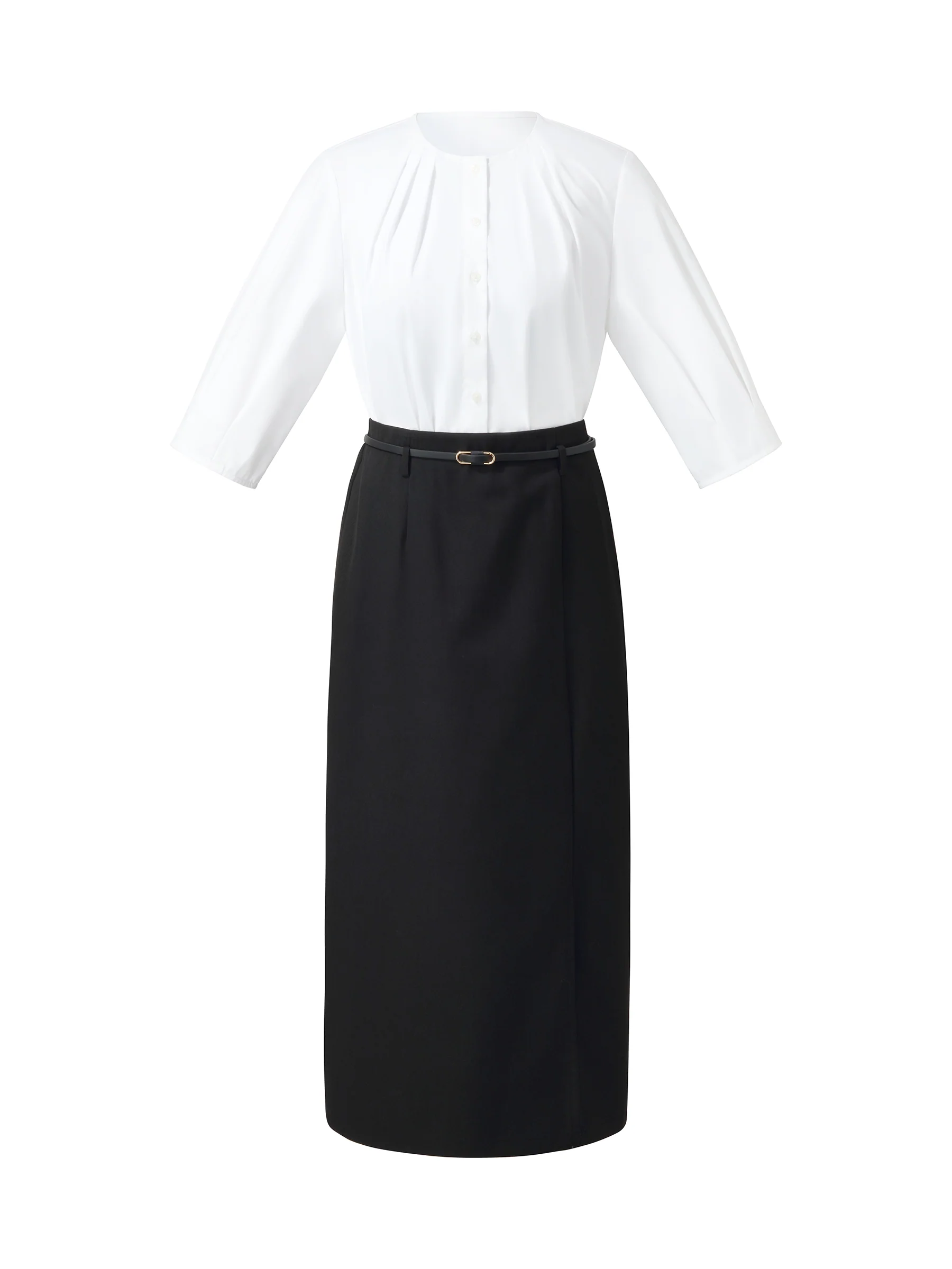 3/4 Sleeve Shirt And Front Slit Skirt Two-Piece Set With Leather Belt - Image 7